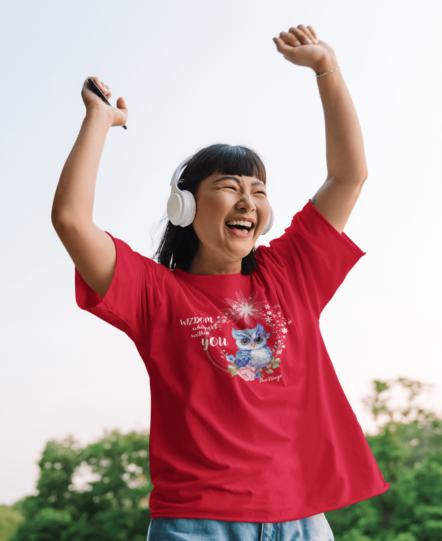 Shez Wings, Wizdom Red Over Sized Printed T Shirt Women, S,M,L,XL,2XL,3XL,4XL,5XL, Girl smiling View