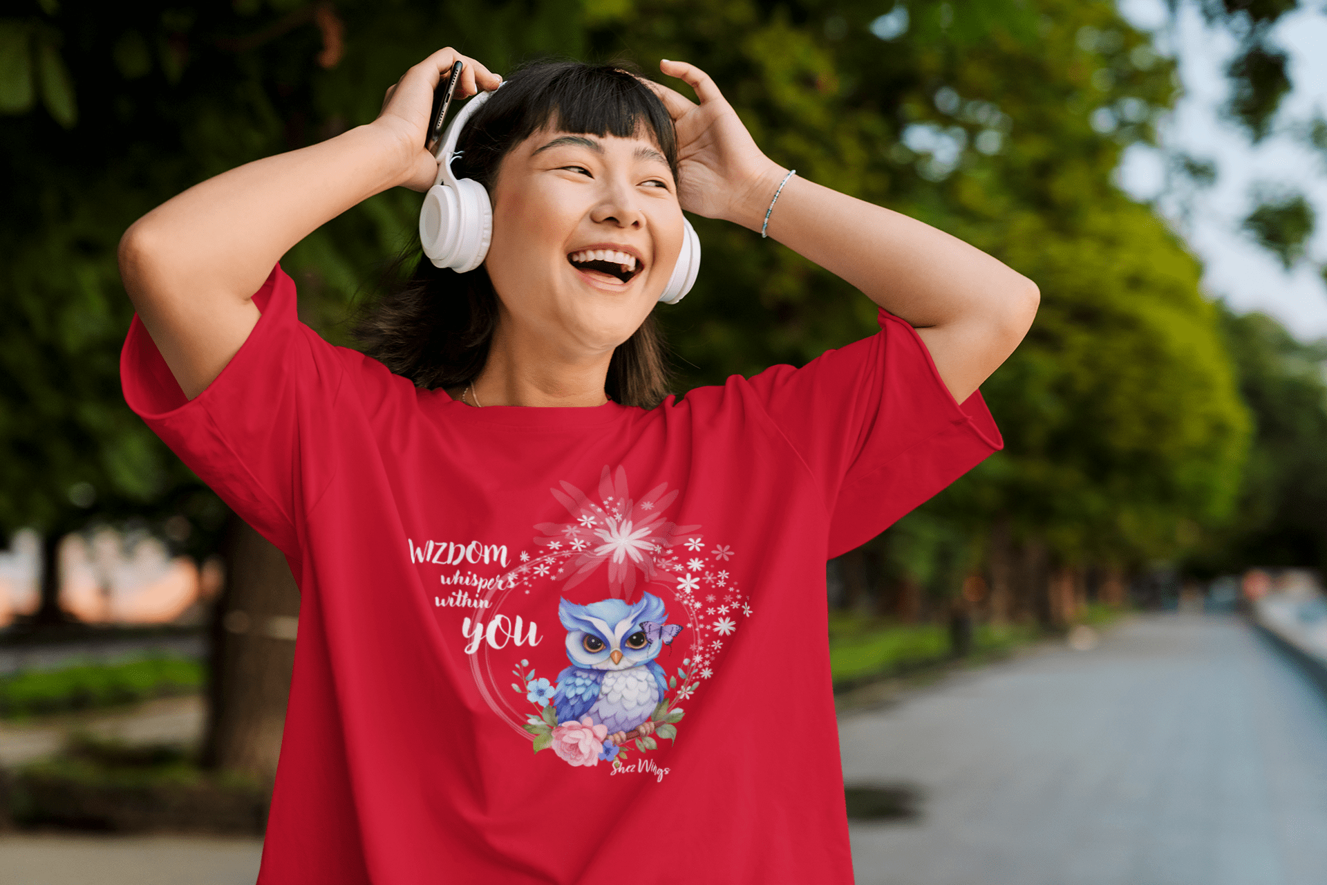 Shez Wings, Wizdom Red Over Sized Printed T Shirt Women, S,M,L,XL,2XL,3XL,4XL,5XL, Girl listening to music View