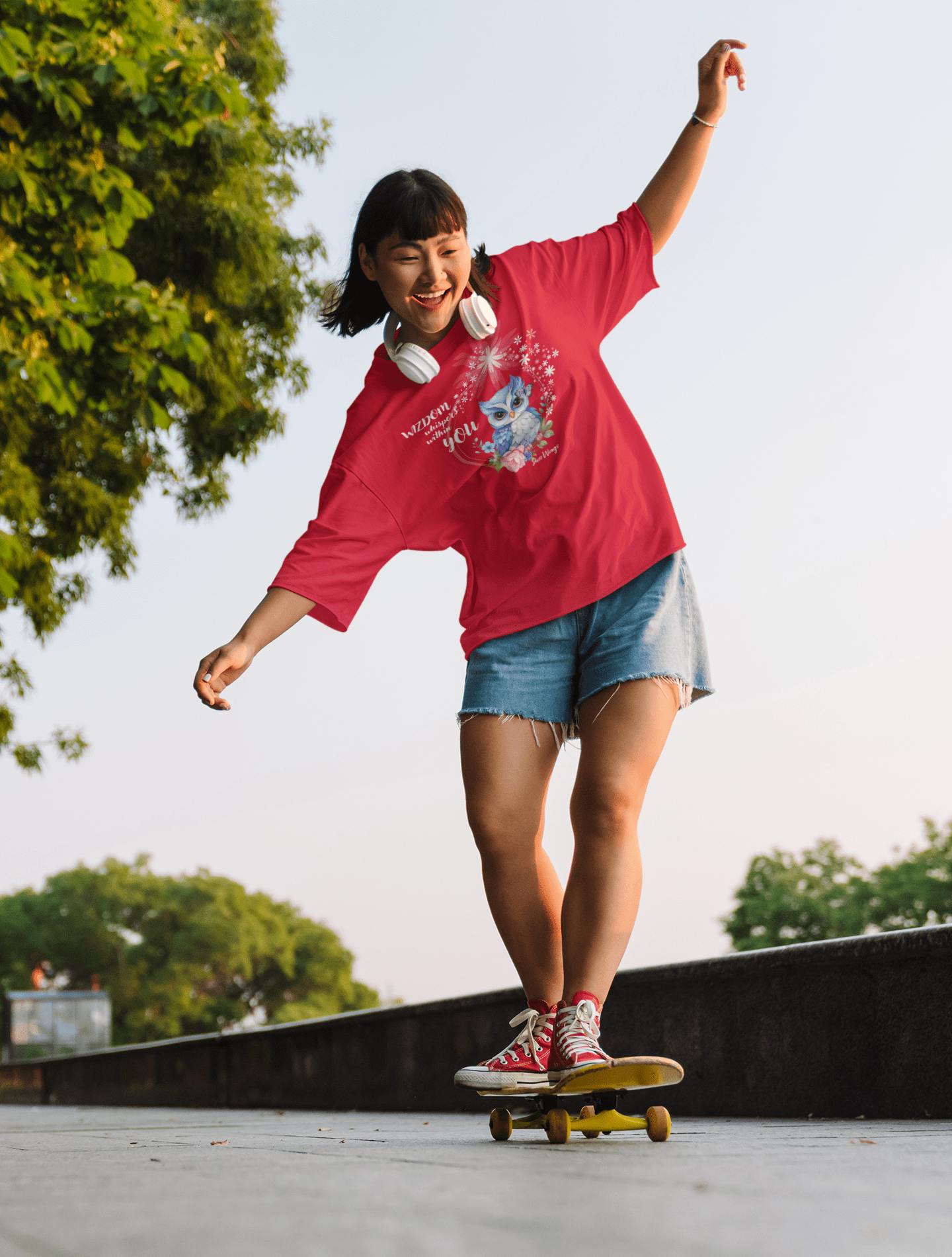 Shez Wings, Wizdom Red Over Sized Printed T Shirt Women, S,M,L,XL,2XL,3XL,4XL,5XL, Girl skateboarding View