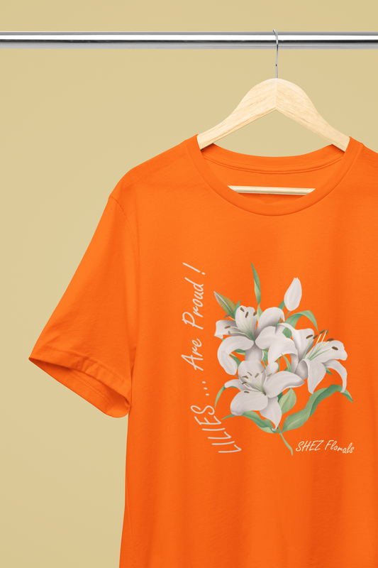 Shez Florals, White Lilies, Orange Printed Oversized T Shirt Women, S,M,L,XL,2XL,3XL,4XL,5XL, hanger view