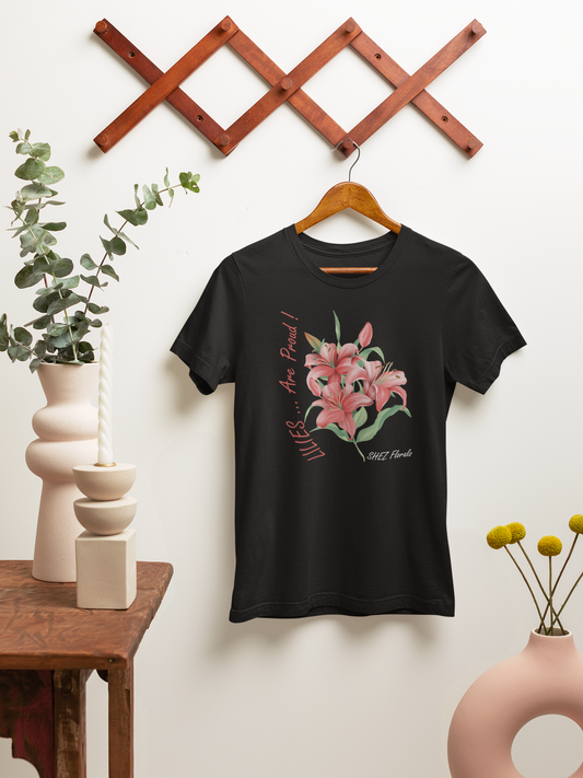 Shez Florals, Red Lilies Black Oversized Printed T Shirt Women, S,M,L,XL,2XL,3XL,4XL,5XL, Hanger View 