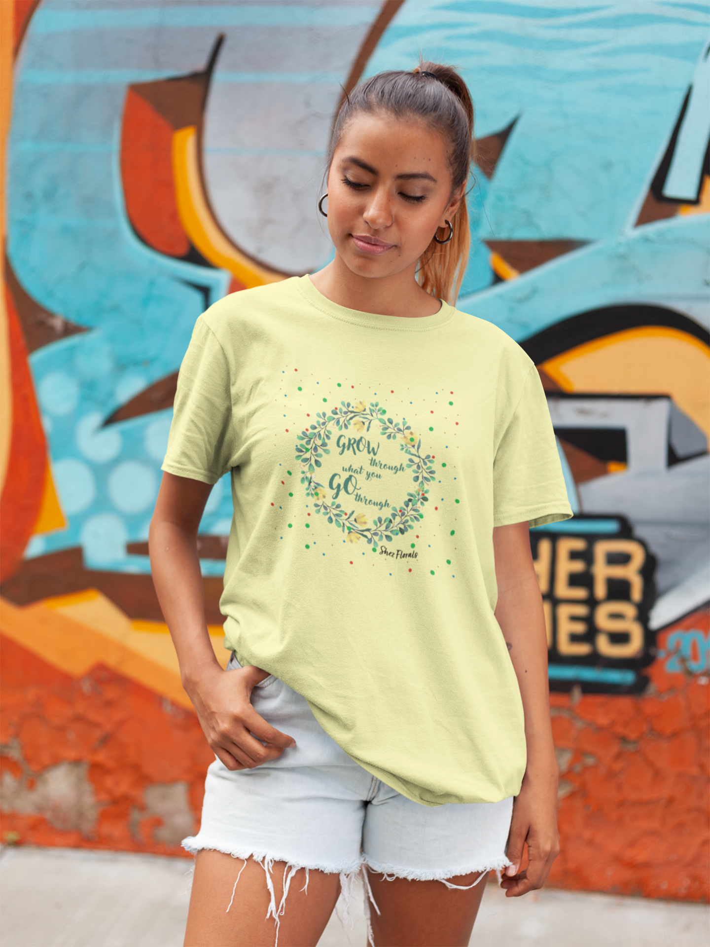 Shez Florals, Grow, Butter Yellow Printed Oversized T Shirt Women S , M, L, XL, 2XL, 3XL, 4XL, 5XL., model posing