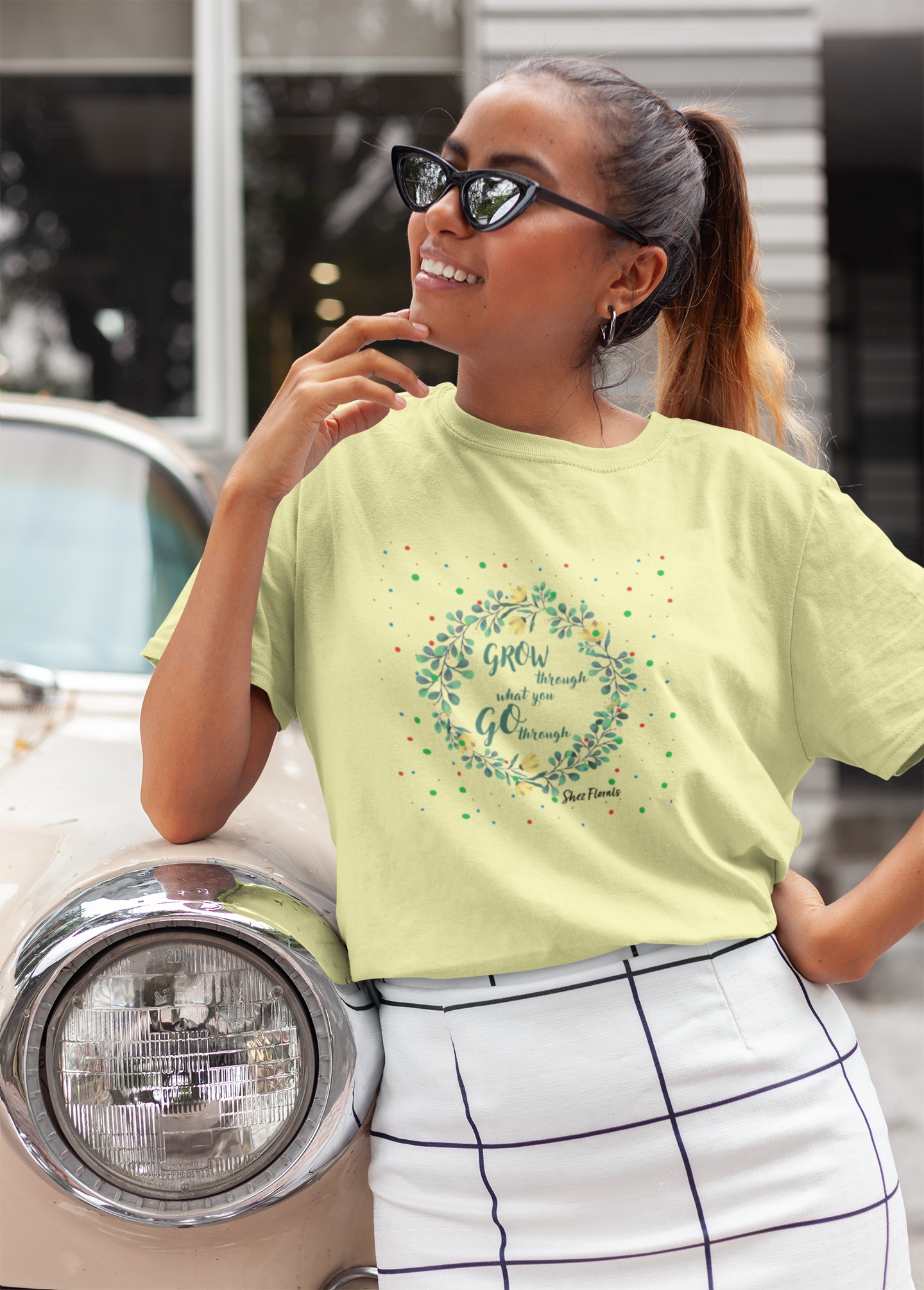 Shez Florals, Grow, Butter Yellow Printed Oversized T Shirt Women S , M, L, XL, 2XL, 3XL, 4XL, 5XL, model in skirt