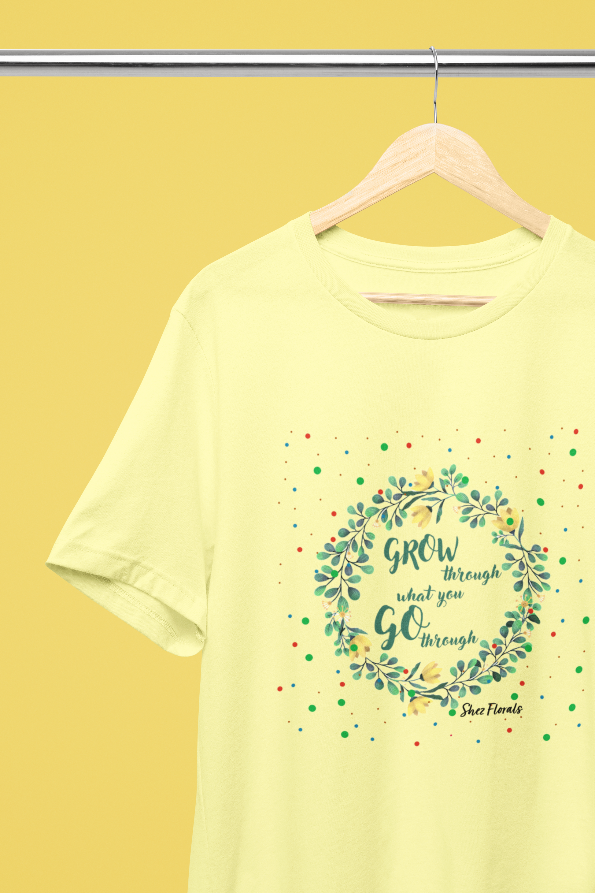 Shez Florals, Grow, Butter Yellow Printed Oversized T Shirt Women S , M, L, XL, 2XL, 3XL, 4XL, 5XL., Hanger View