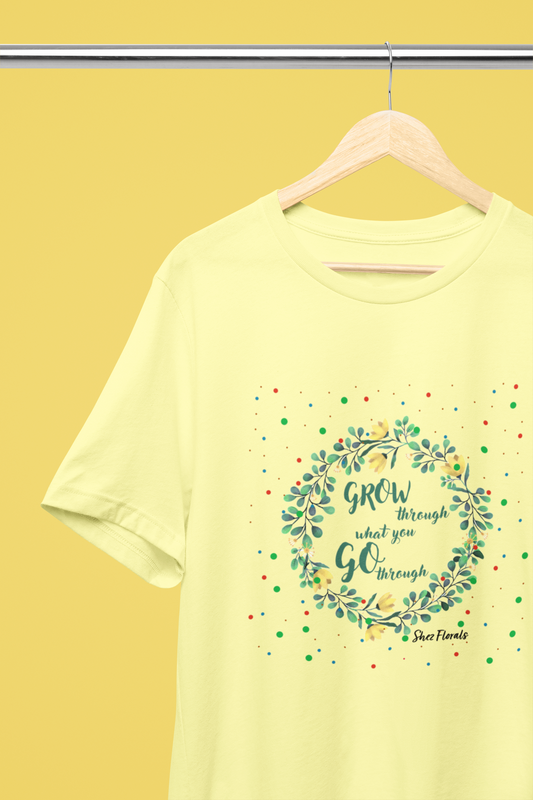 Shez Florals, Grow, Butter Yellow Printed Oversized T Shirt Women S , M, L, XL, 2XL, 3XL, 4XL, 5XL., Hanger View