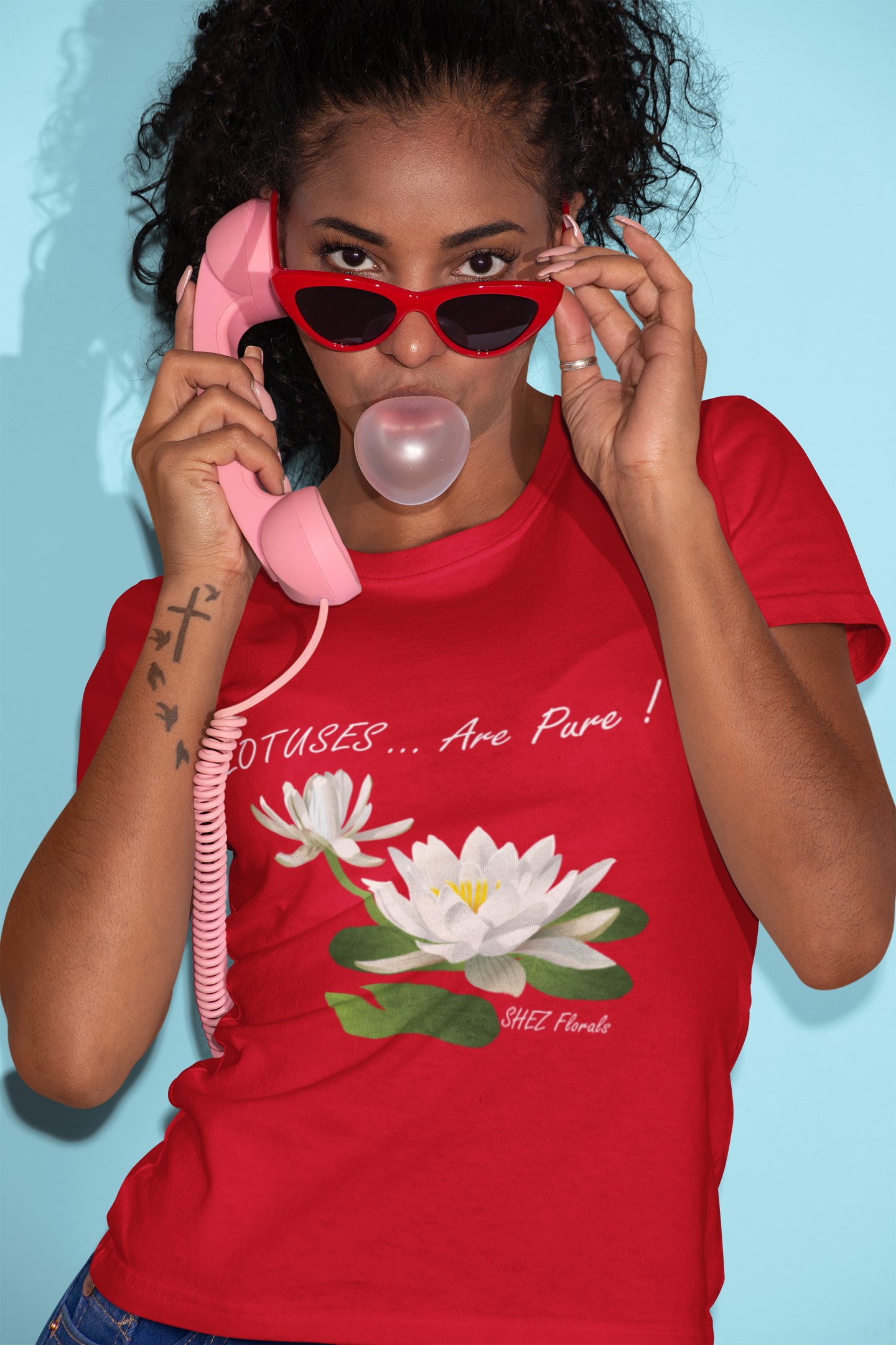 Shez Florals, Lotus, Red PRinted Over Sized T Shirt Women, S,M,L,XL,2XL,3XL,4XL,5XL, Model with bubblegum  View