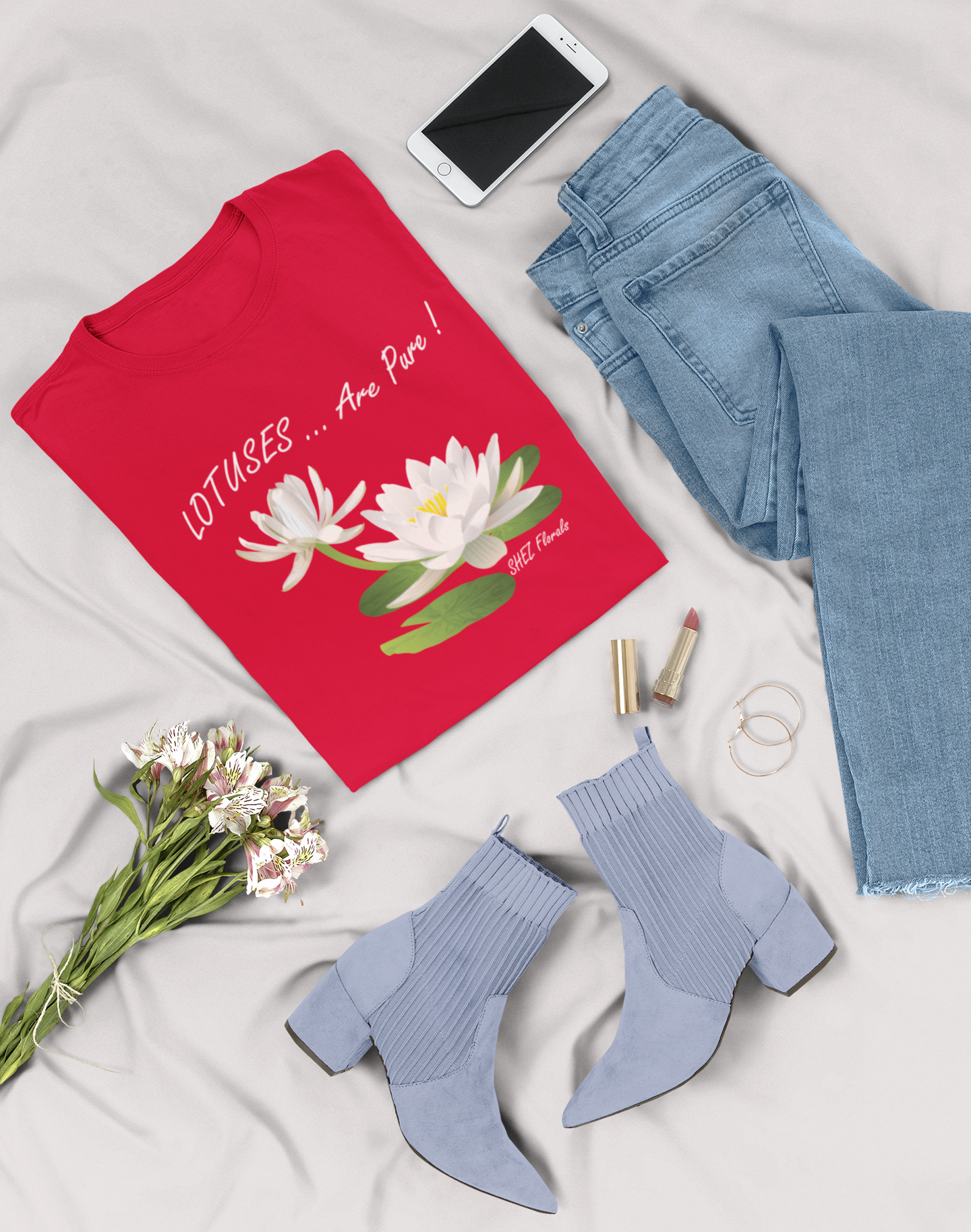 Shez Florals, Lotus, Red PRinted Over Sized T Shirt Women, S,M,L,XL,2XL,3XL,4XL,5XL, T Shirt Folded View