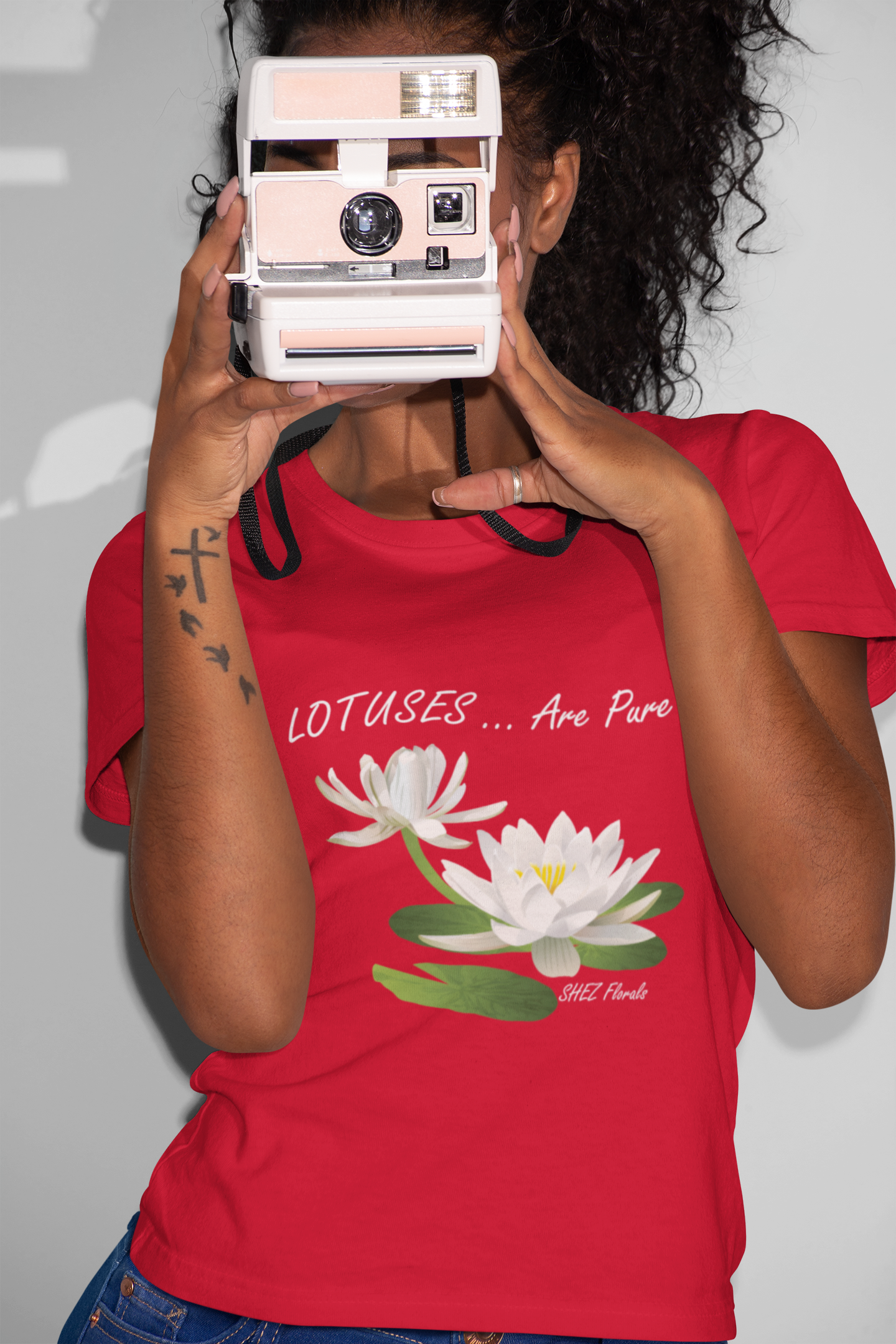 Shez Florals, Lotus, Red PRinted Over Sized T Shirt Women, S,M,L,XL,2XL,3XL,4XL,5XL, Model with camera View