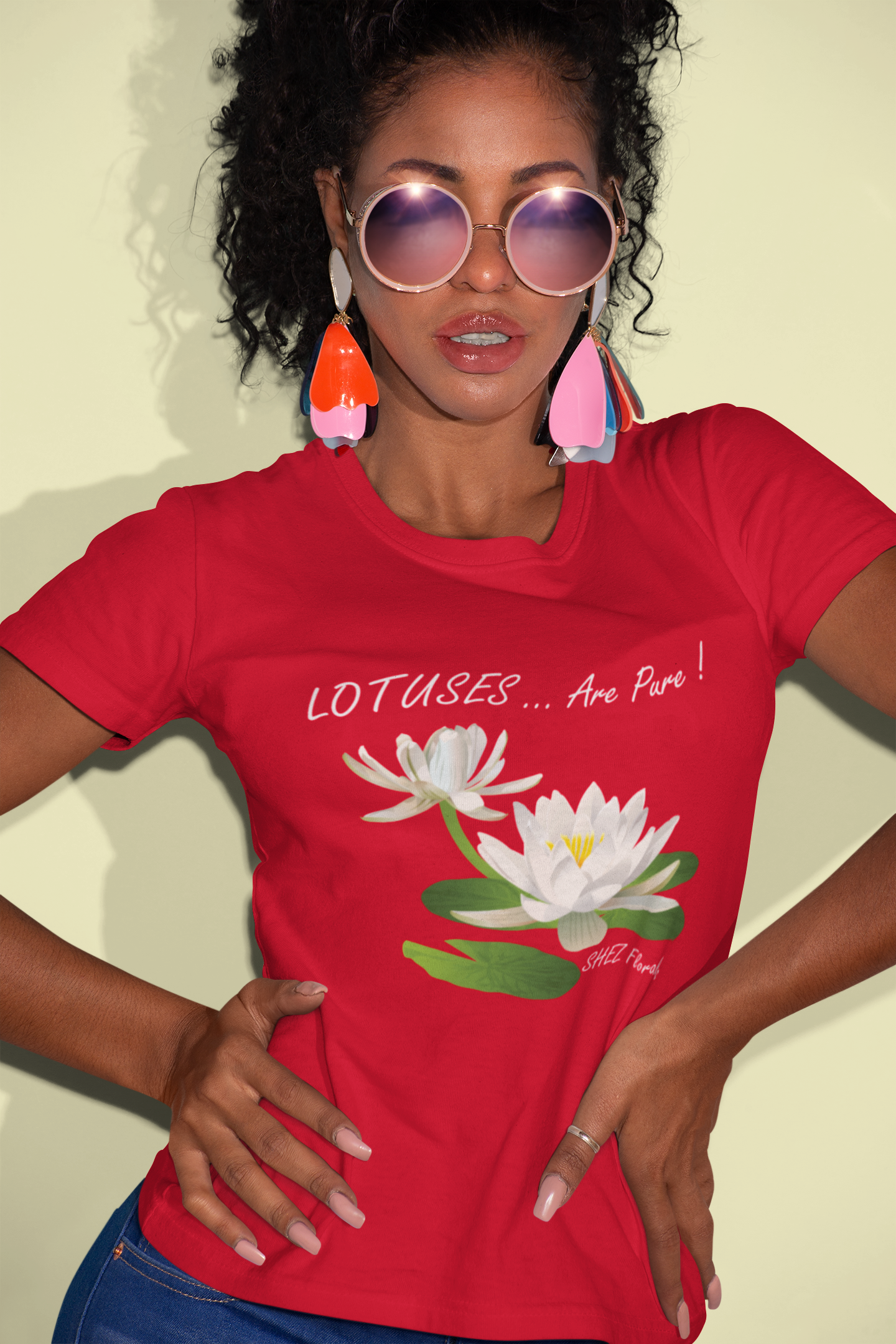 Shez Florals, Lotus, Red PRinted Over Sized T Shirt Women, S,M,L,XL,2XL,3XL,4XL,5XL, Model with with goggles View