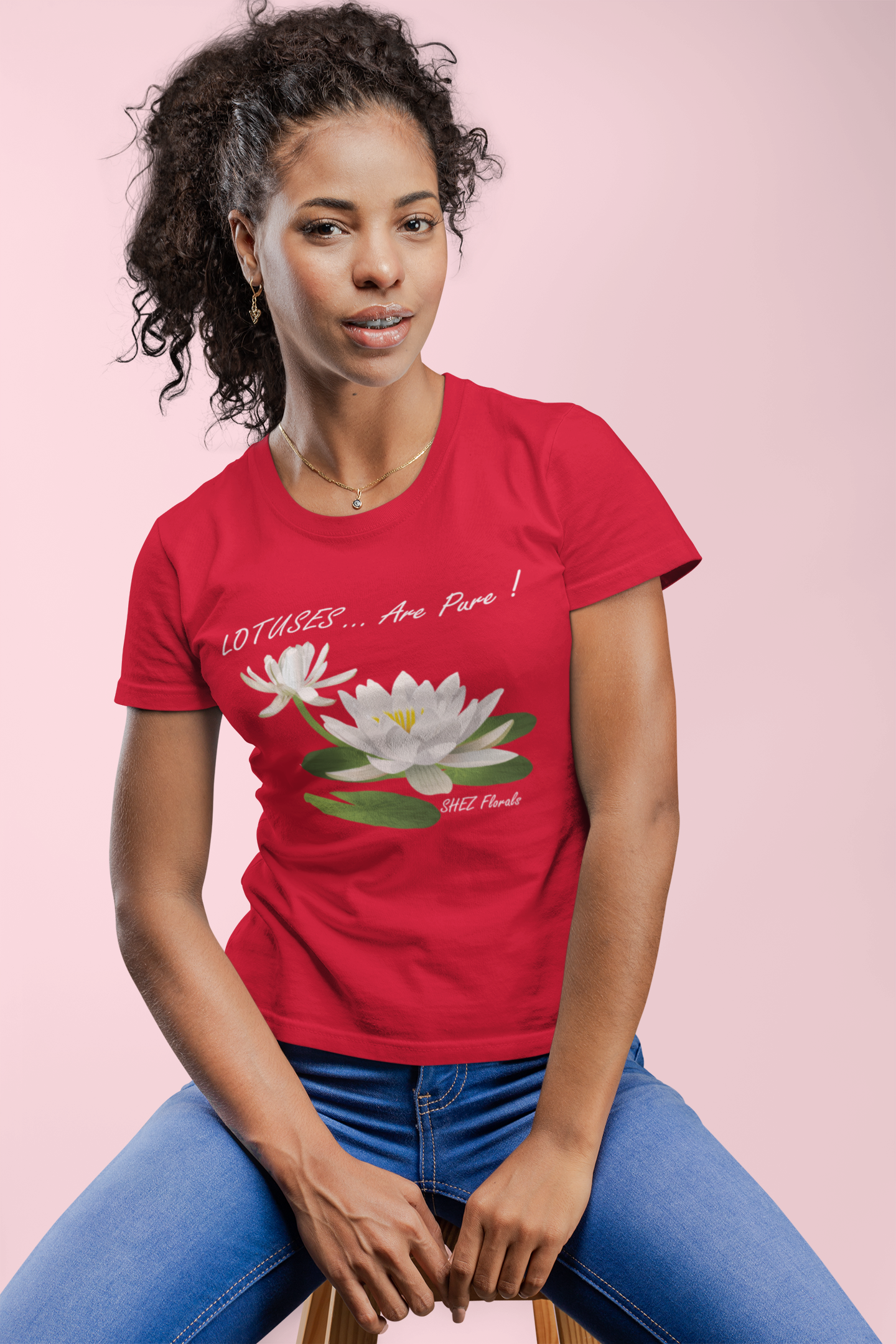 Shez Florals, Lotus, Red PRinted Over Sized T Shirt Women, S,M,L,XL,2XL,3XL,4XL,5XL, Model sitting View