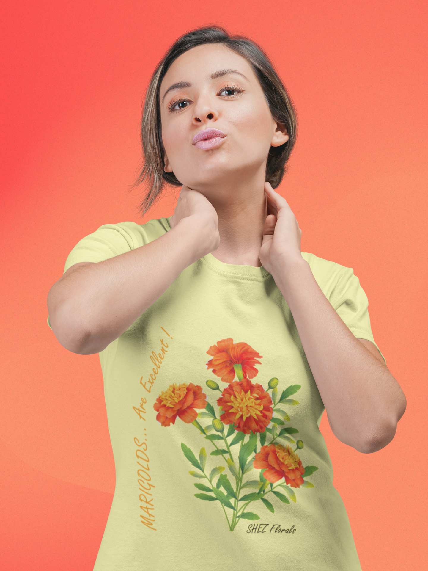 Shez Florals, Marigold Yellow Printed Oversized T shirt Women, S,M,L,XL,2XL,3XL,4XL,5XL, Model Posing
