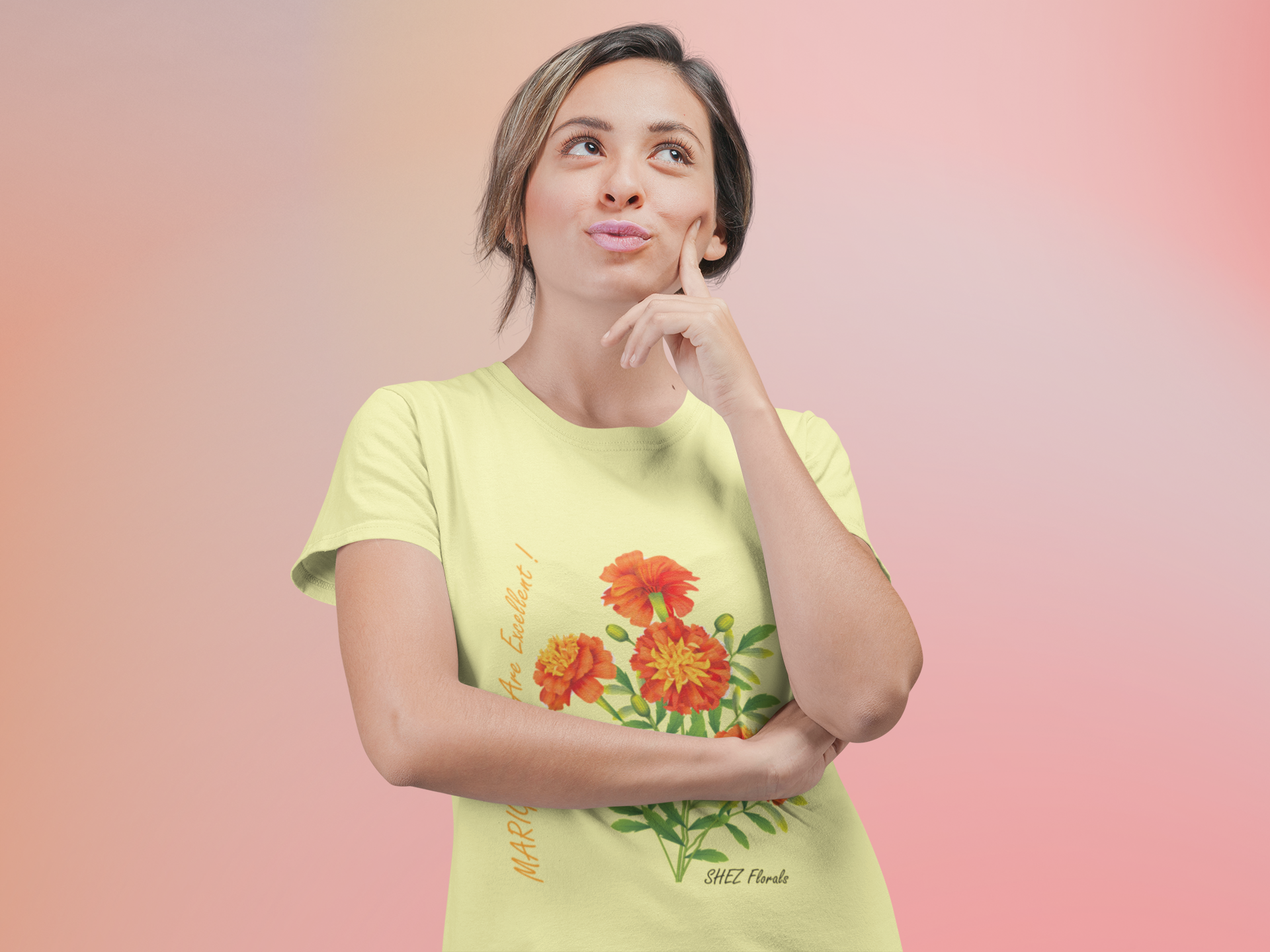 Shez Florals, Marigold Yellow Printed Oversized T shirt Women, S,M,L,XL,2XL,3XL,4XL,5XL, Model thinking