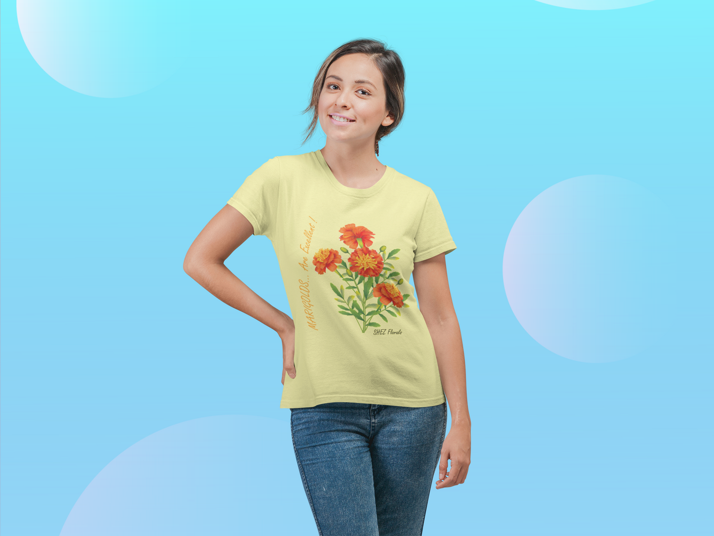 Shez Florals, Marigold Yellow Printed Oversized T shirt Women, S,M,L,XL,2XL,3XL,4XL,5XL, Model standing