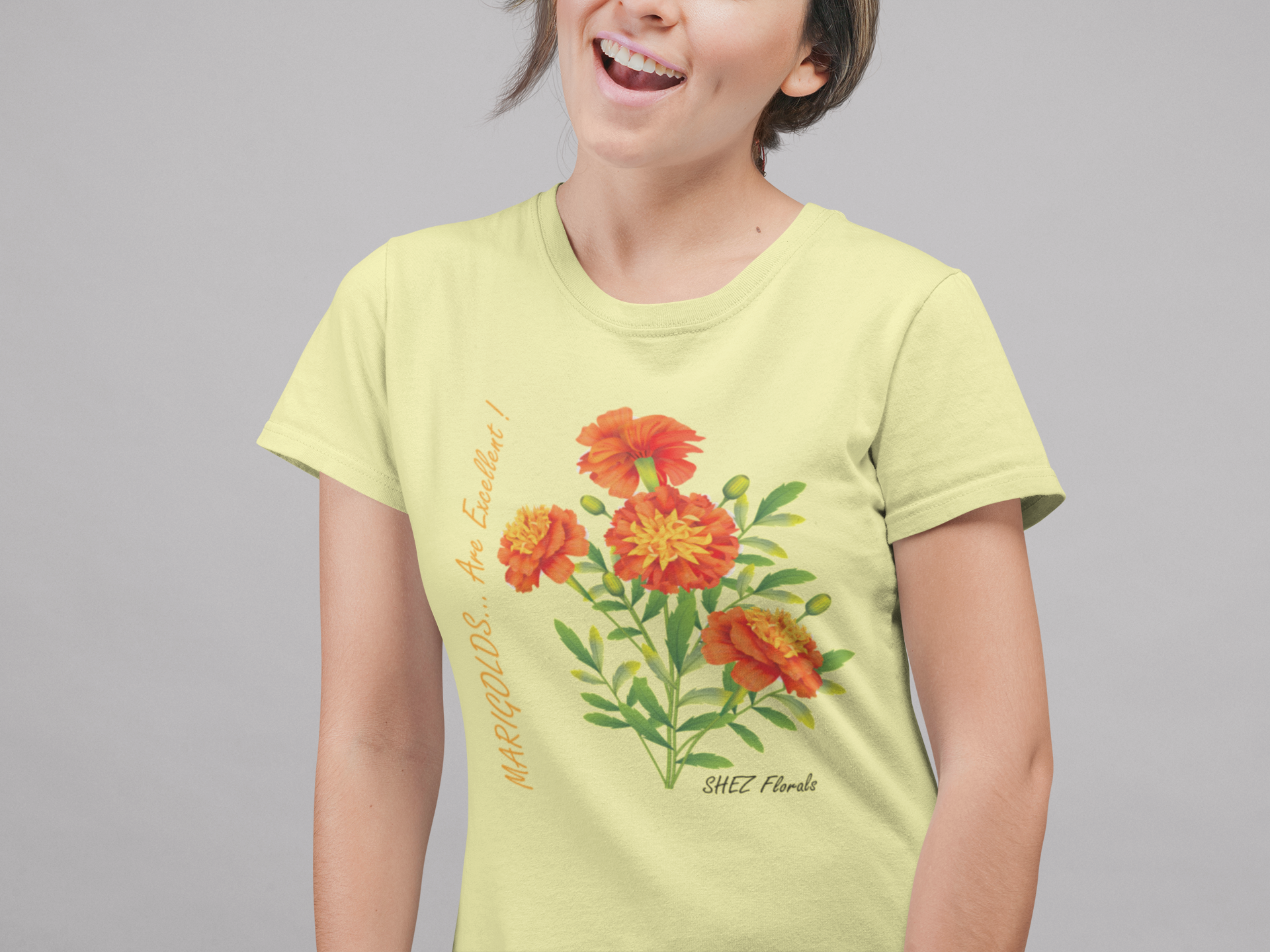 Shez Florals, Marigold Yellow Printed Oversized T shirt Women, S,M,L,XL,2XL,3XL,4XL,5XL, Model smiling
