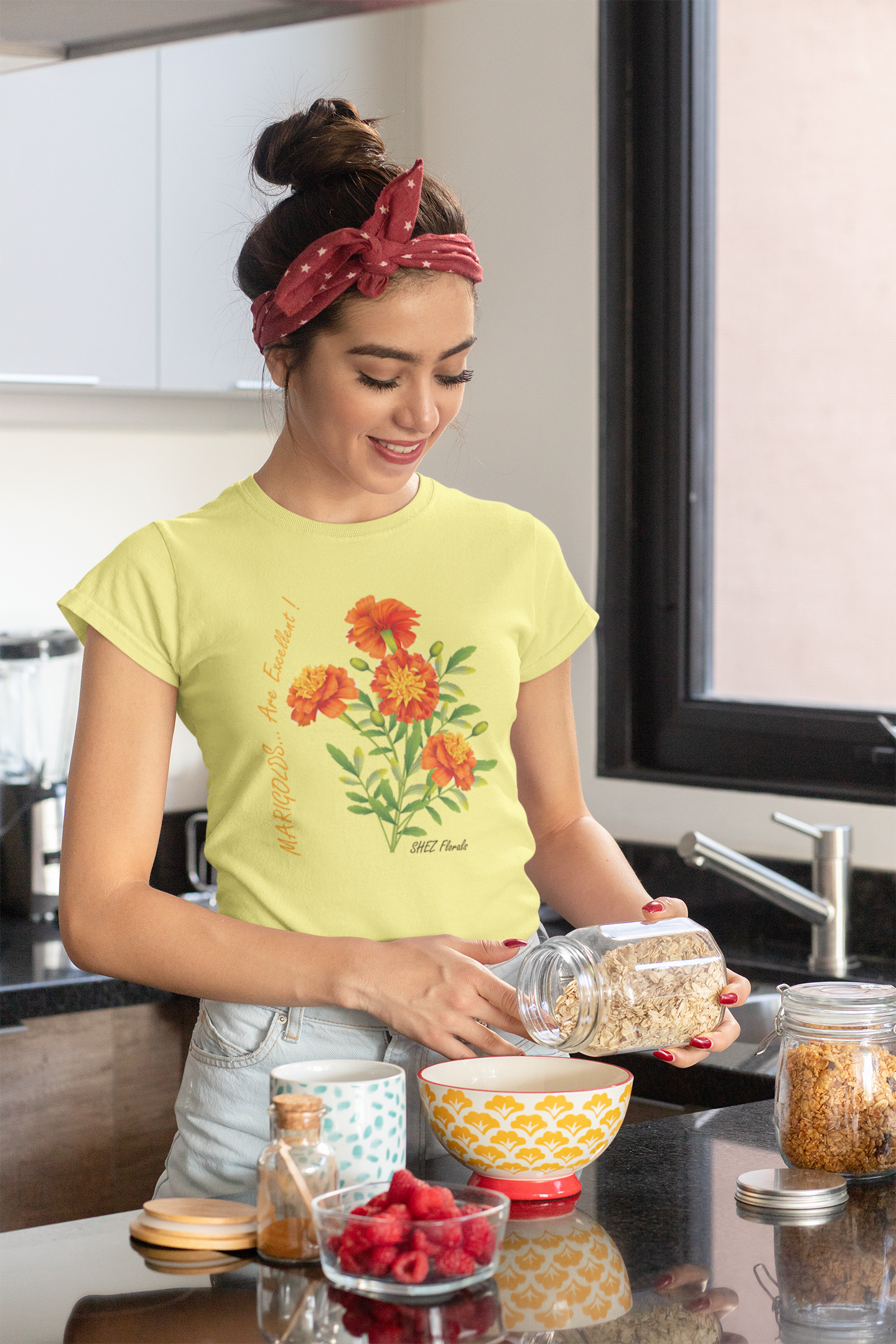Shez Florals, Marigold Yellow Printed Oversized T shirt Women, S,M,L,XL,2XL,3XL,4XL,5XL, Model in Kitchen