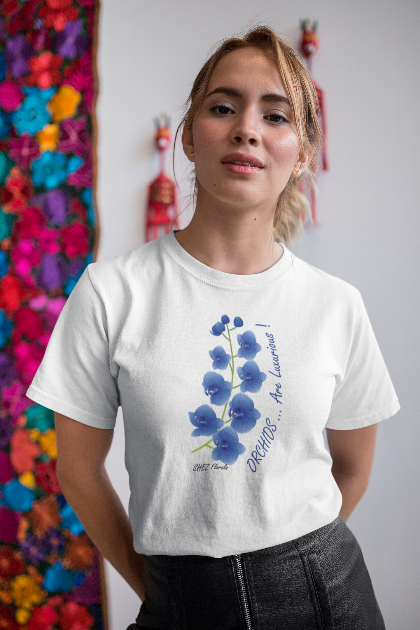 Shez Florals, Orchids White Printed Oversized T Shirt WomenS , M, L, XL, 2XL, 3XL, 4XL, 5XL, model smiling