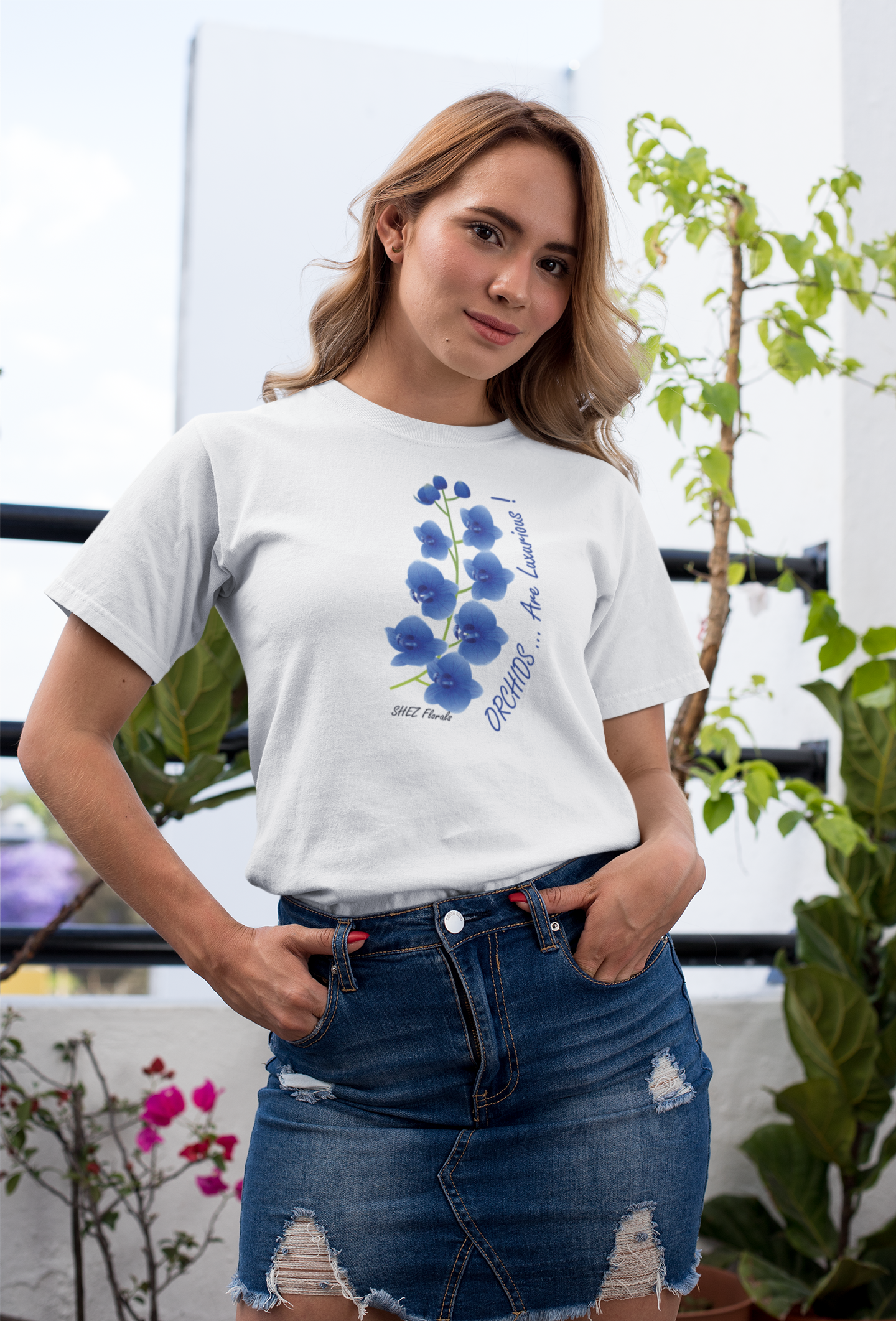 Shez Florals, Orchids White Printed Oversized T Shirt WomenS , M, L, XL, 2XL, 3XL, 4XL, 5XL, model posging in skirt