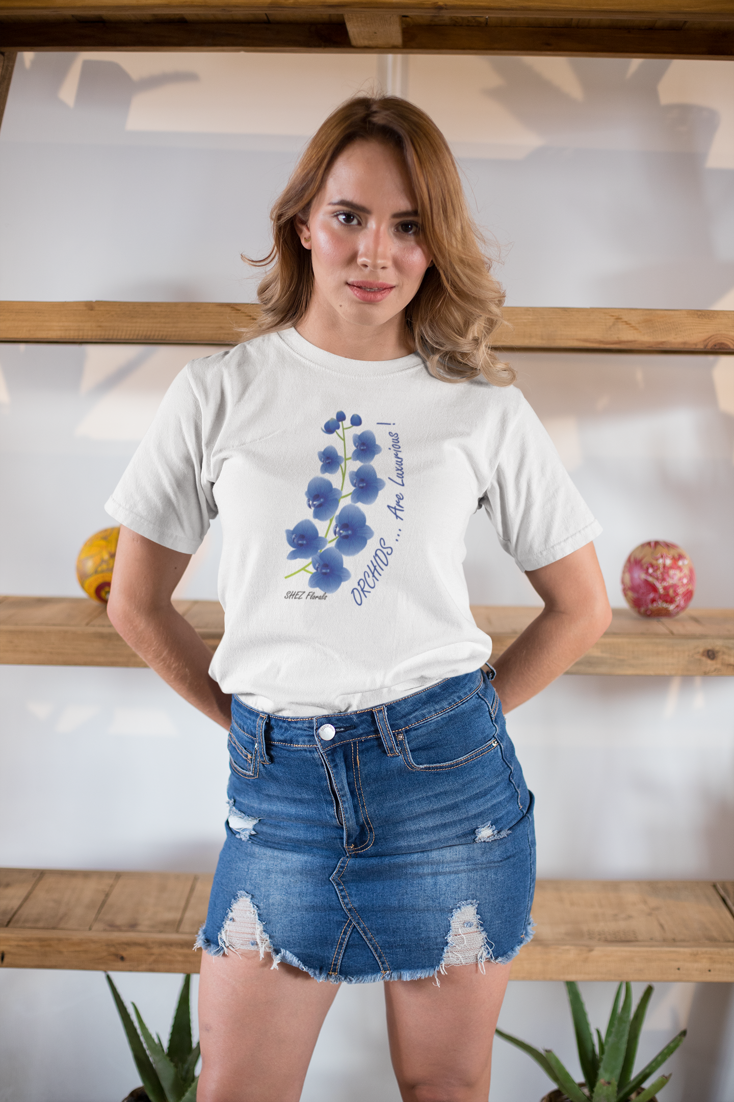 Shez Florals, Orchids White Printed Oversized T Shirt WomenS , M, L, XL, 2XL, 3XL, 4XL, 5XL, model front