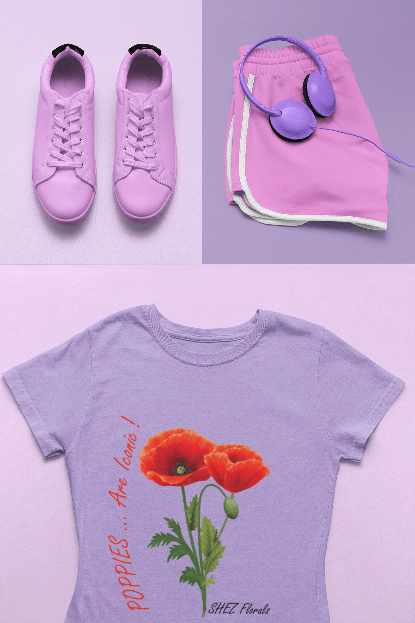 Shez Florals, Poppies Lavender Printed Oversized T Shirt Women, S,M,L,XL,2XL,3XL,4XL,5XL, T Shirt top view