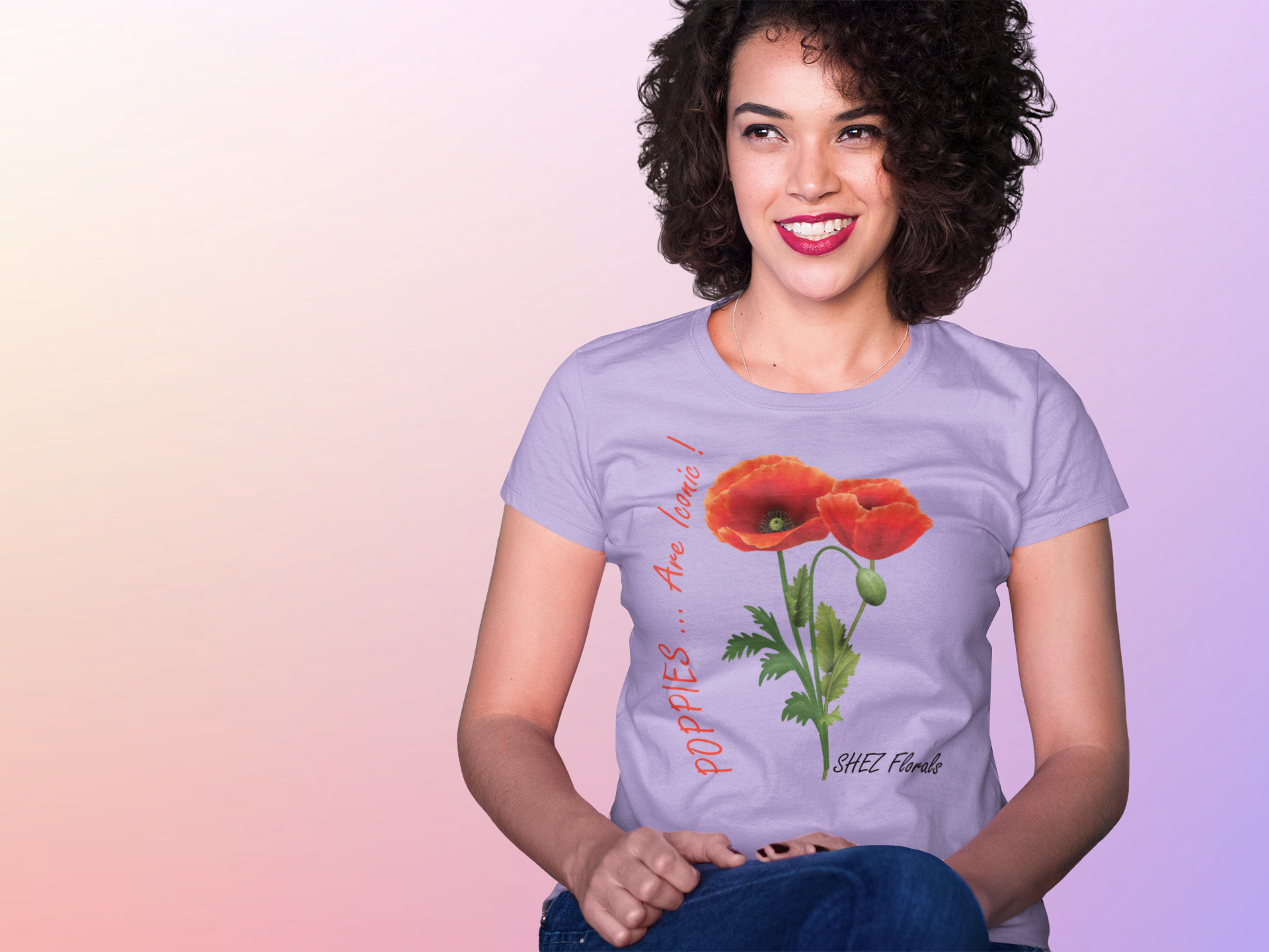 Shez Florals, Poppies Lavender Printed Oversized T Shirt Women, S,M,L,XL,2XL,3XL,4XL,5XL, Model Sitting smilnig view