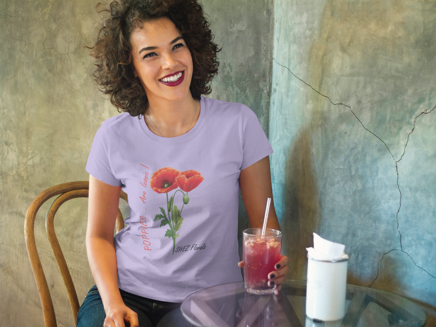 Shez Florals, Poppies Lavender Printed Oversized T Shirt Women, S,M,L,XL,2XL,3XL,4XL,5XL, Model Sitting with drink view