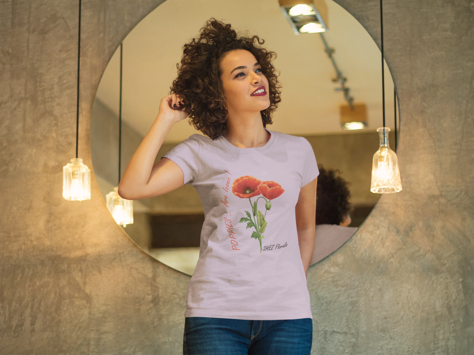 Shez Florals, Poppies Lavender Printed Oversized T Shirt Women, S,M,L,XL,2XL,3XL,4XL,5XL, Model standing view