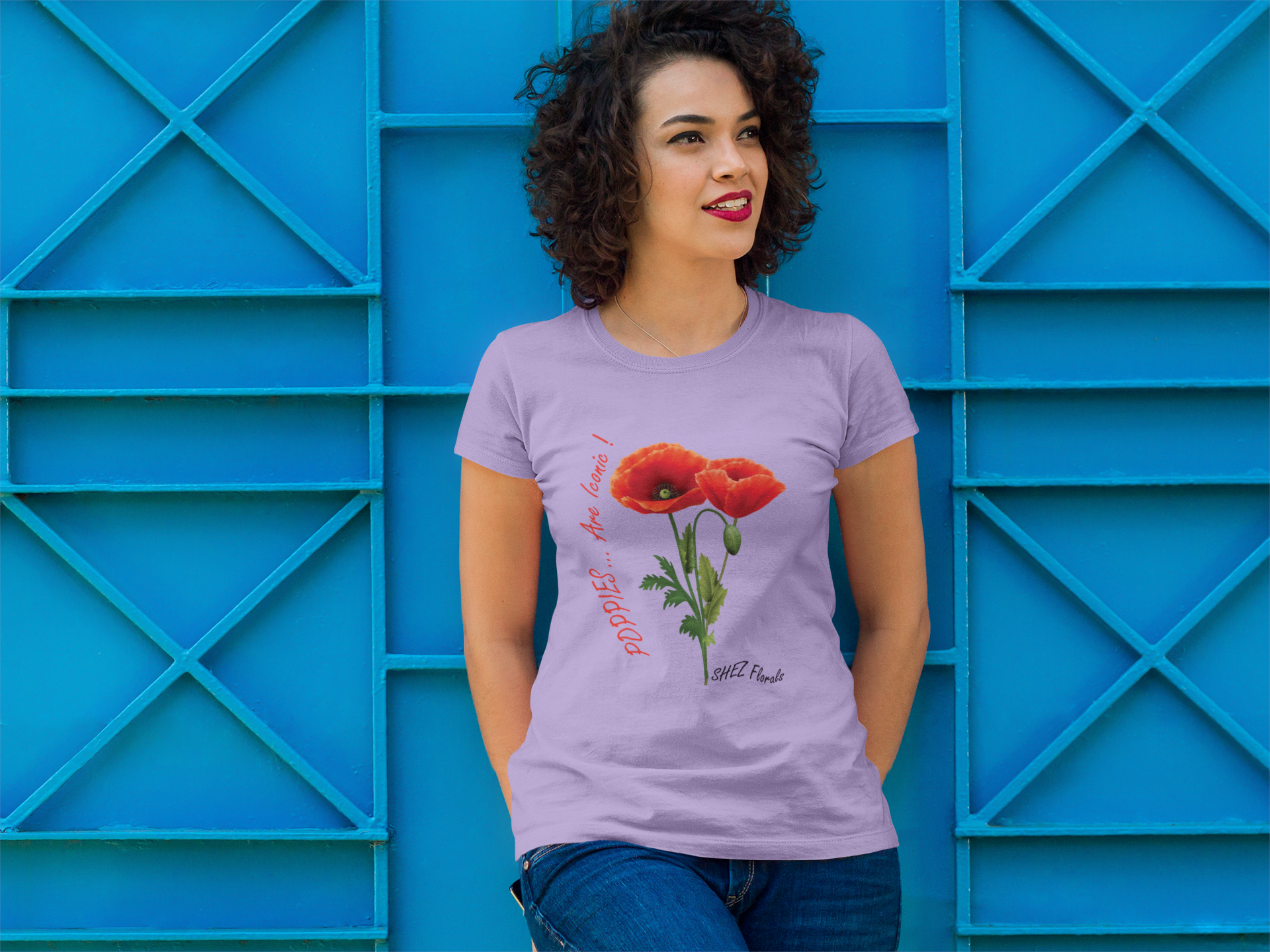 Shez Florals, Poppies Lavender Printed Oversized T Shirt Women, S,M,L,XL,2XL,3XL,4XL,5XL, Model standing on blue wall 