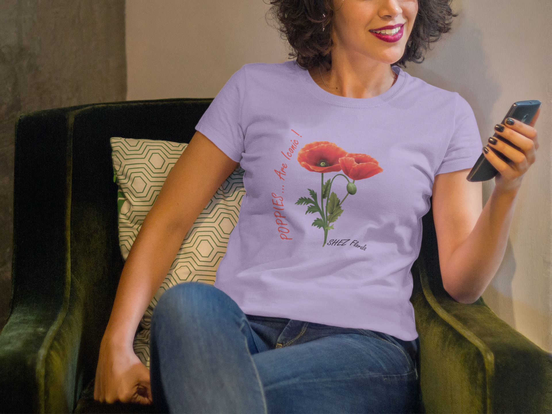 Shez Florals, Poppies Lavender Printed Oversized T Shirt Women, S,M,L,XL,2XL,3XL,4XL,5XL, Model Sitting view