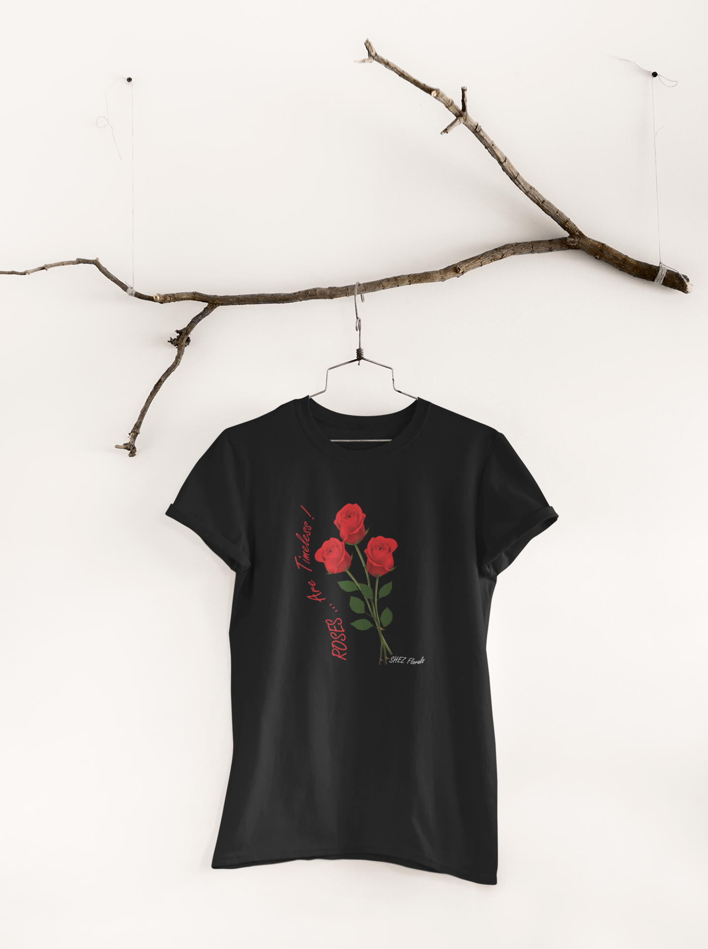 Shez Florals, Roses Black Printed Oversized Tshirt Women, S,M,L,XL,2XL,3XL,4XL,5XL, tshirt hanging