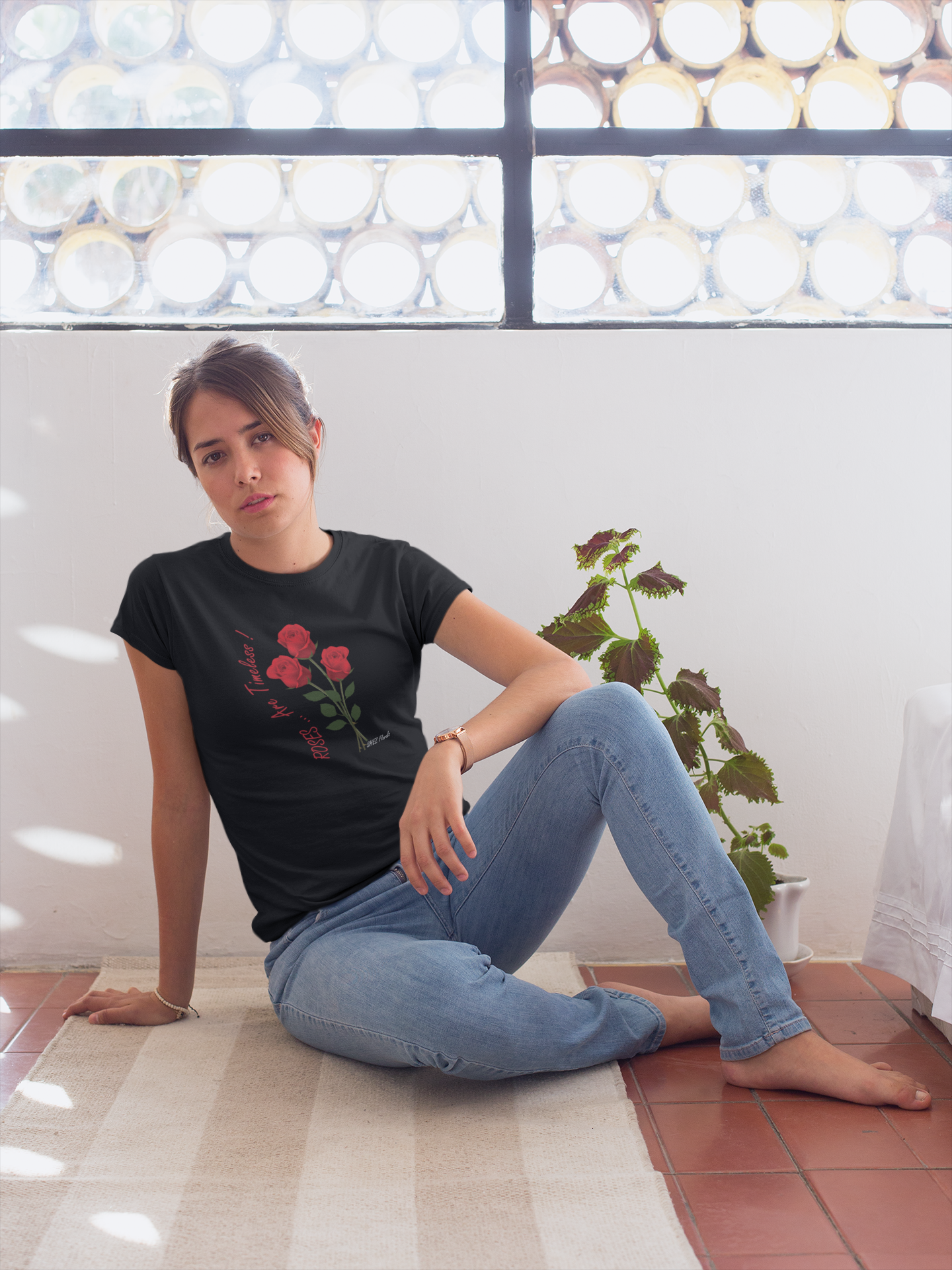 Shez Florals, Roses Black Printed Oversized Tshirt Women, S,M,L,XL,2XL,3XL,4XL,5XL,model sitting