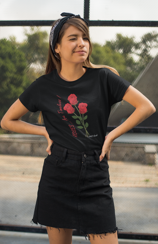 Shez Florals, Roses Black Printed Oversized Tshirt Women, S,M,L,XL,2XL,3XL,4XL,5XL, model posing