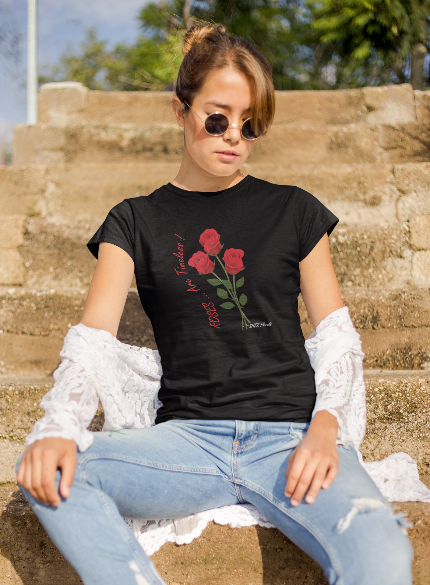 Shez Florals, Roses Black Printed Oversized Tshirt Women, S,M,L,XL,2XL,3XL,4XL,5XL,model with goggles