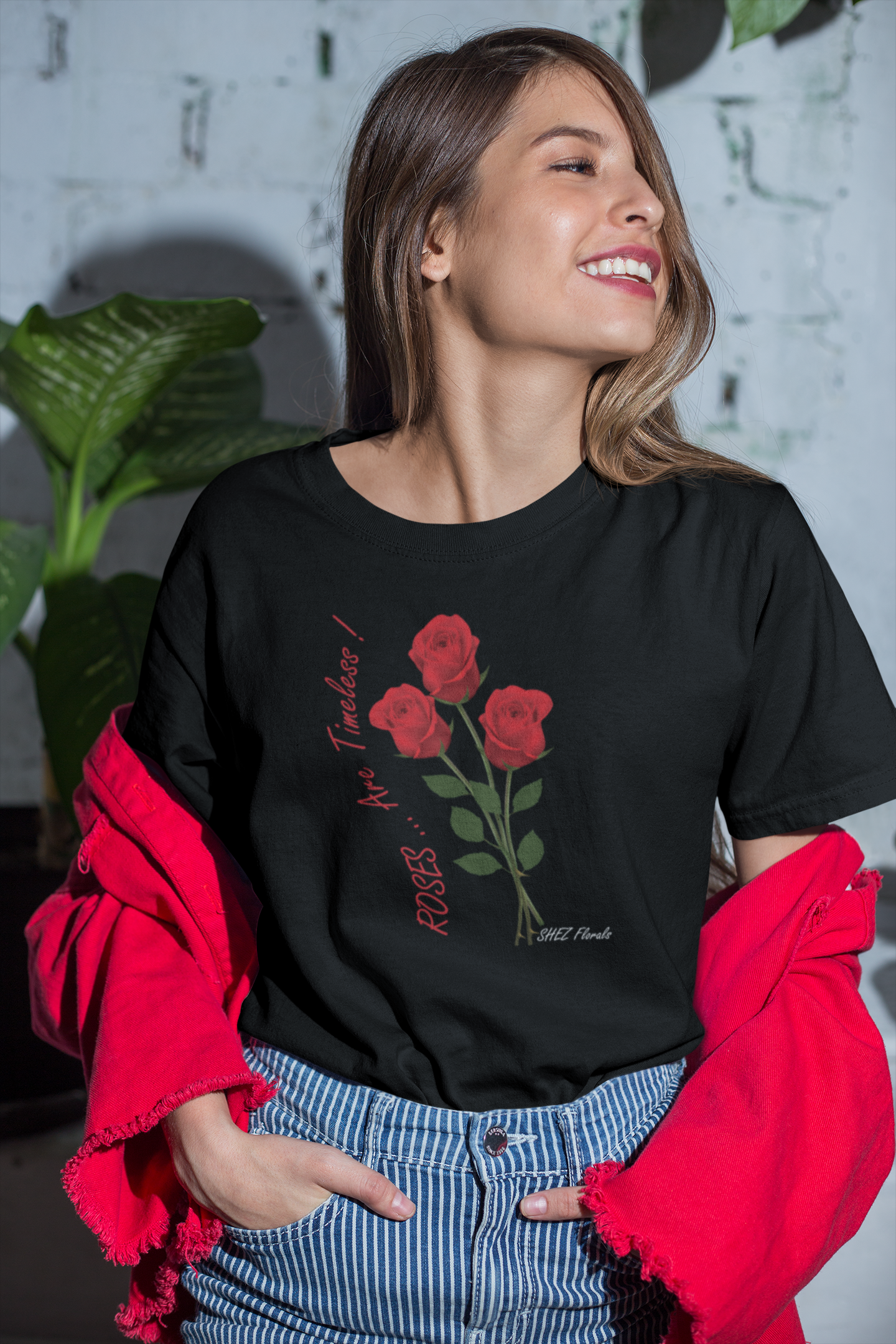 Shez Florals, Roses Black Printed Oversized Tshirt Women, S,M,L,XL,2XL,3XL,4XL,5XL,model smiling