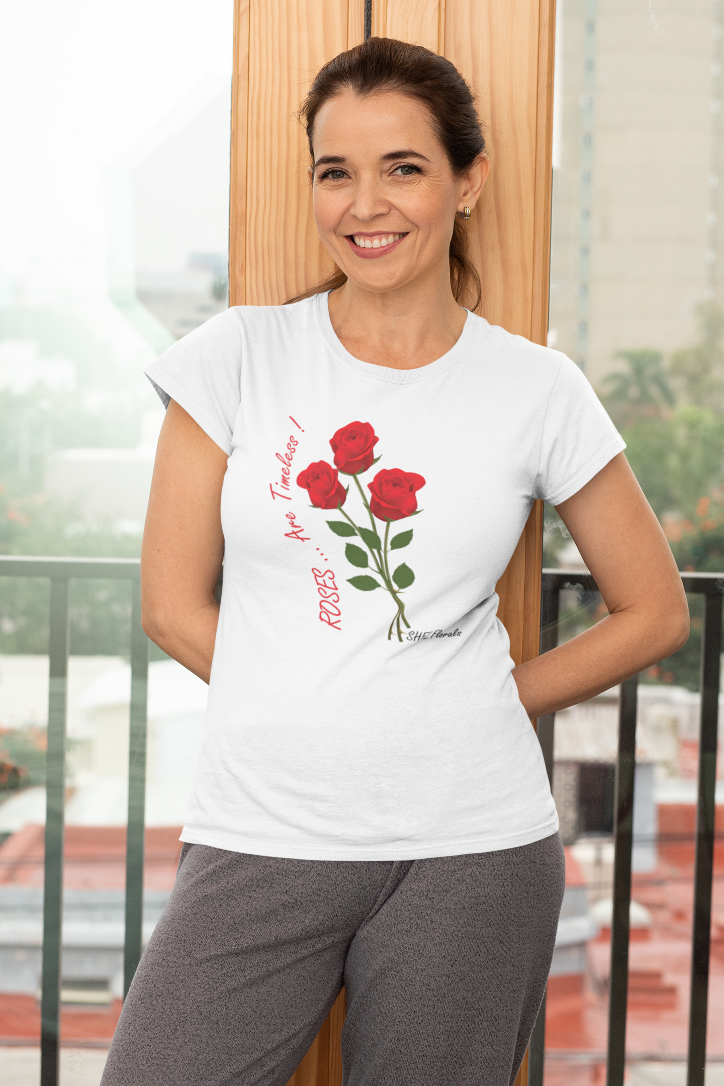 Shez Florals, Roses White Printed Over Sized T Shirts Women, S,M,L,XL,2XL,3XL,4XL,5XL, Model posing