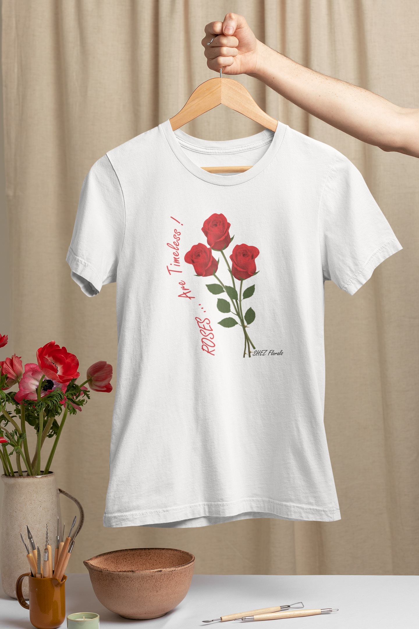 Shez Florals, Roses White Printed Over Sized T Shirts Women, S,M,L,XL,2XL,3XL,4XL,5XL, Hanger View