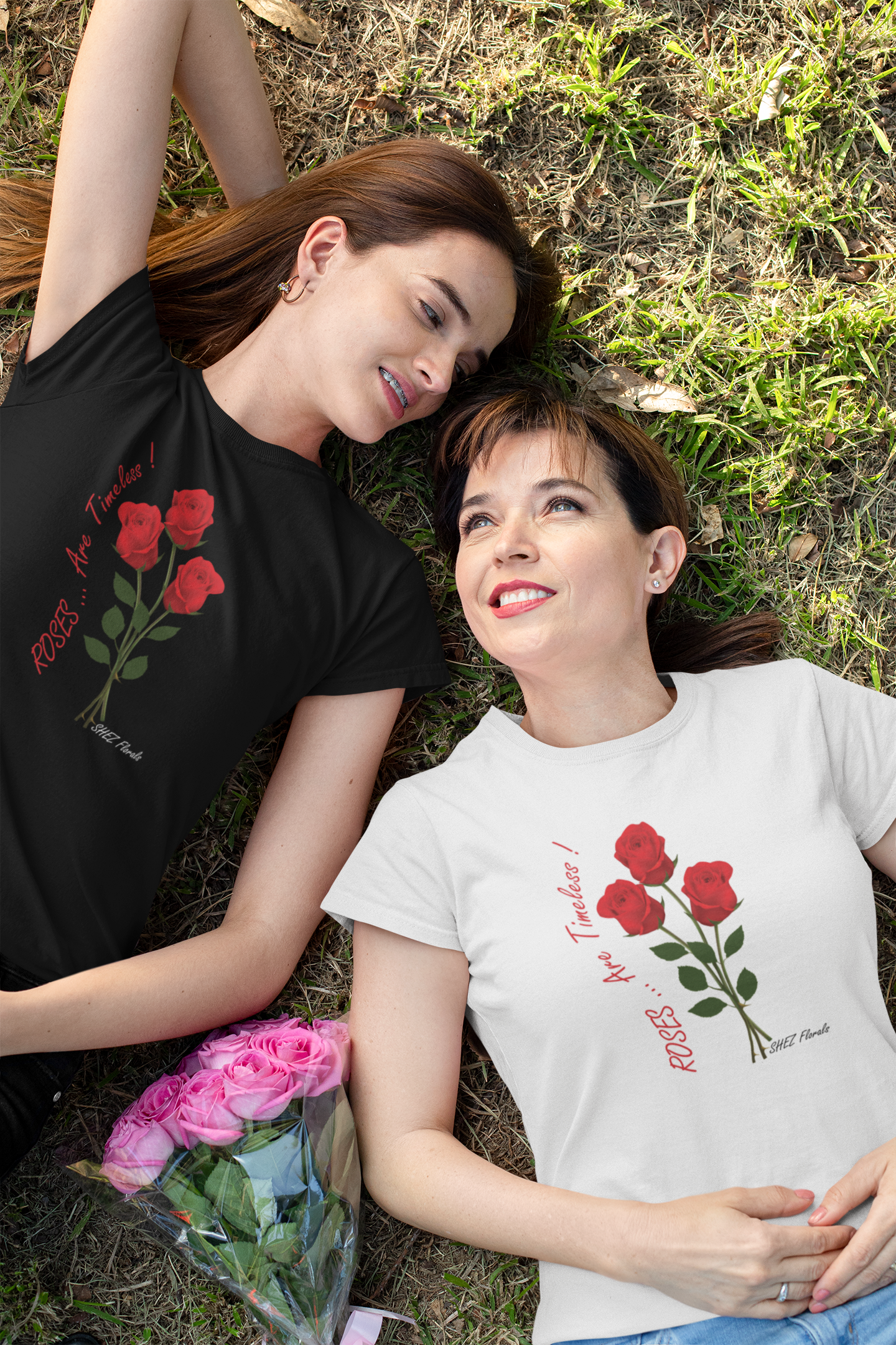 Shez Florals, Roses White Printed Over Sized T Shirts Women, S,M,L,XL,2XL,3XL,4XL,5XL, Model with daughter