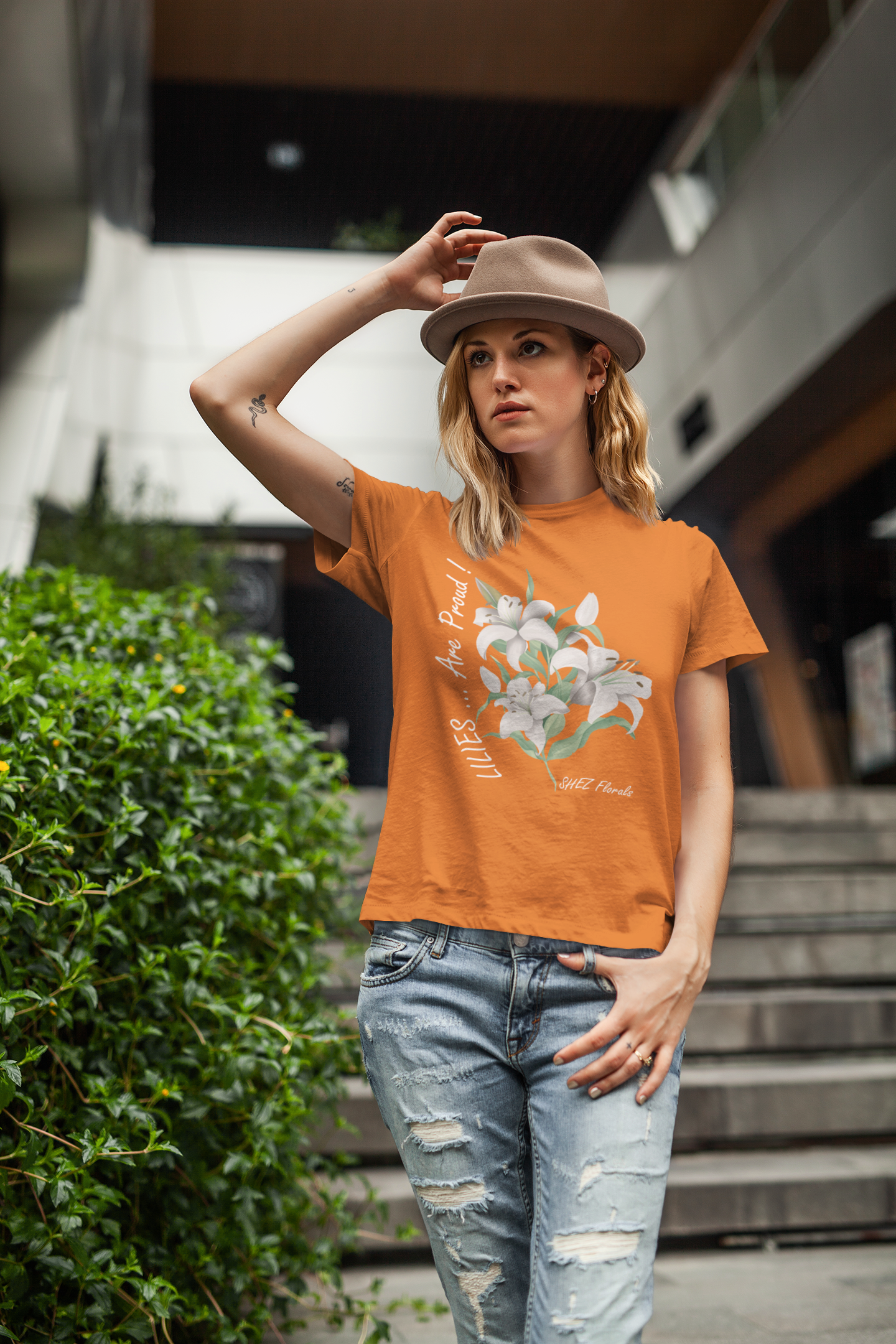 Shez Florals, White Lilies, Orange Printed Oversized T Shirt Women, S,M,L,XL,2XL,3XL,4XL,5XL, model with hat