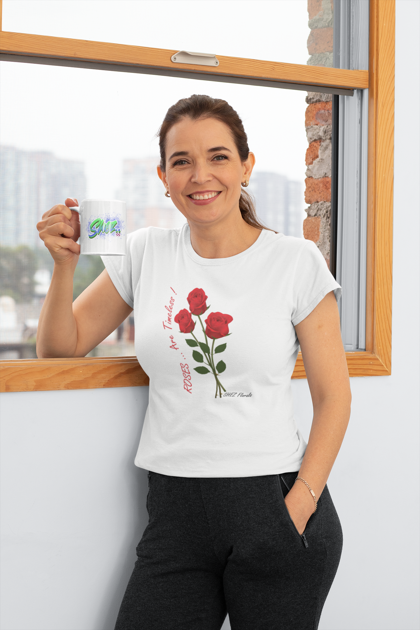 Shez Florals, Roses White Printed Over Sized T Shirts Women, S,M,L,XL,2XL,3XL,4XL,5XL, Model with cup