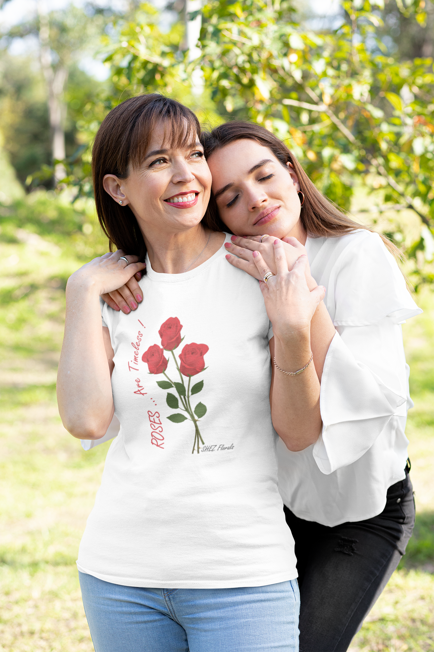 Shez Florals, Roses White Printed Over Sized T Shirts Women, S,M,L,XL,2XL,3XL,4XL,5XL, Model smiling