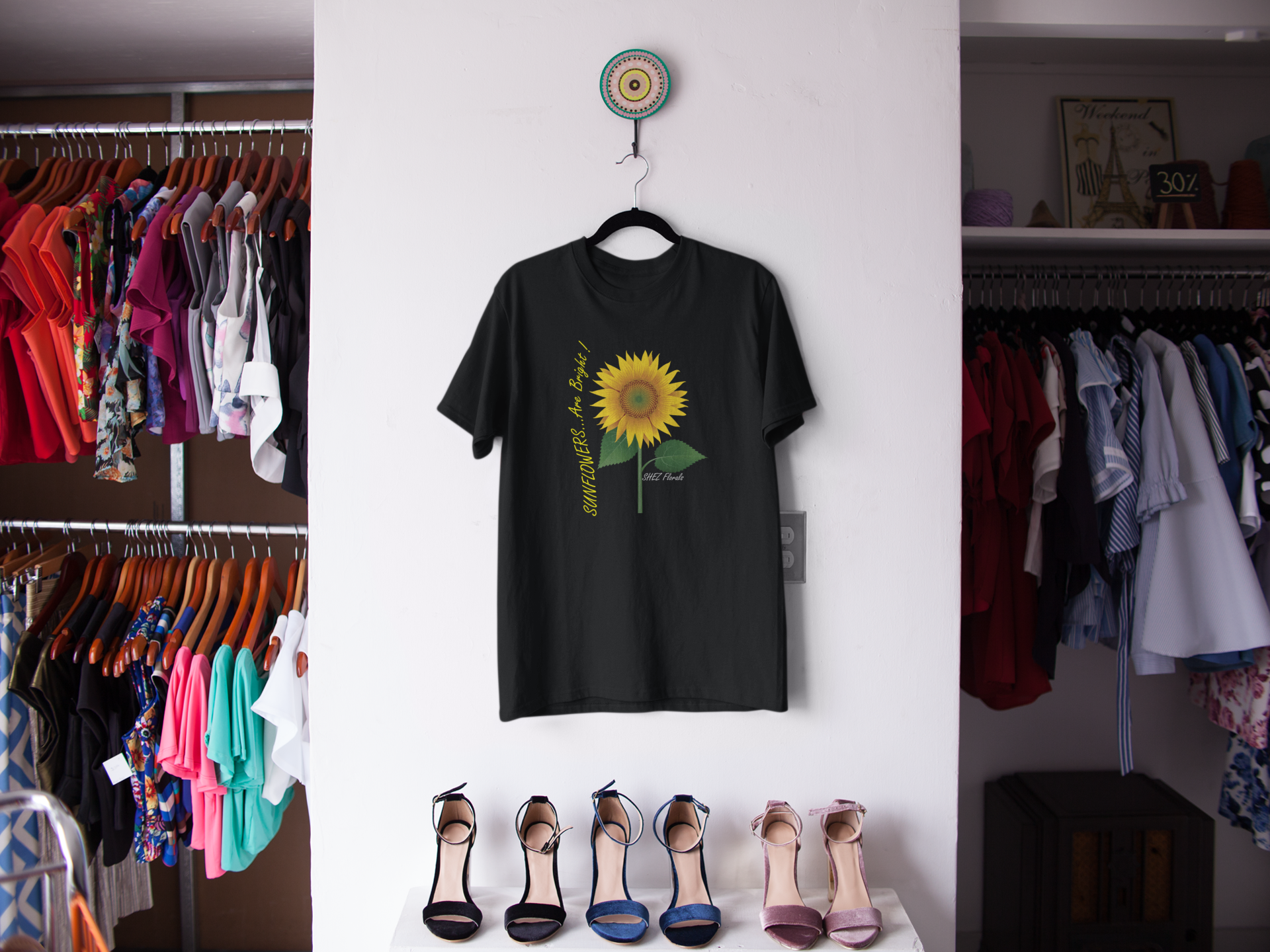 Shez Florals, Sunflower Black Printed Oversized T Shirt Women, S,M,L,XL,2XL,3XL,4XL,5XL, Hanger View