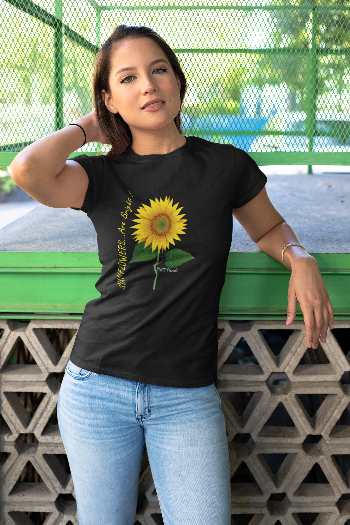 Shez Florals, Sunflower Black Printed Oversized T Shirt Women, S,M,L,XL,2XL,3XL,4XL,5XL, Model smiling View