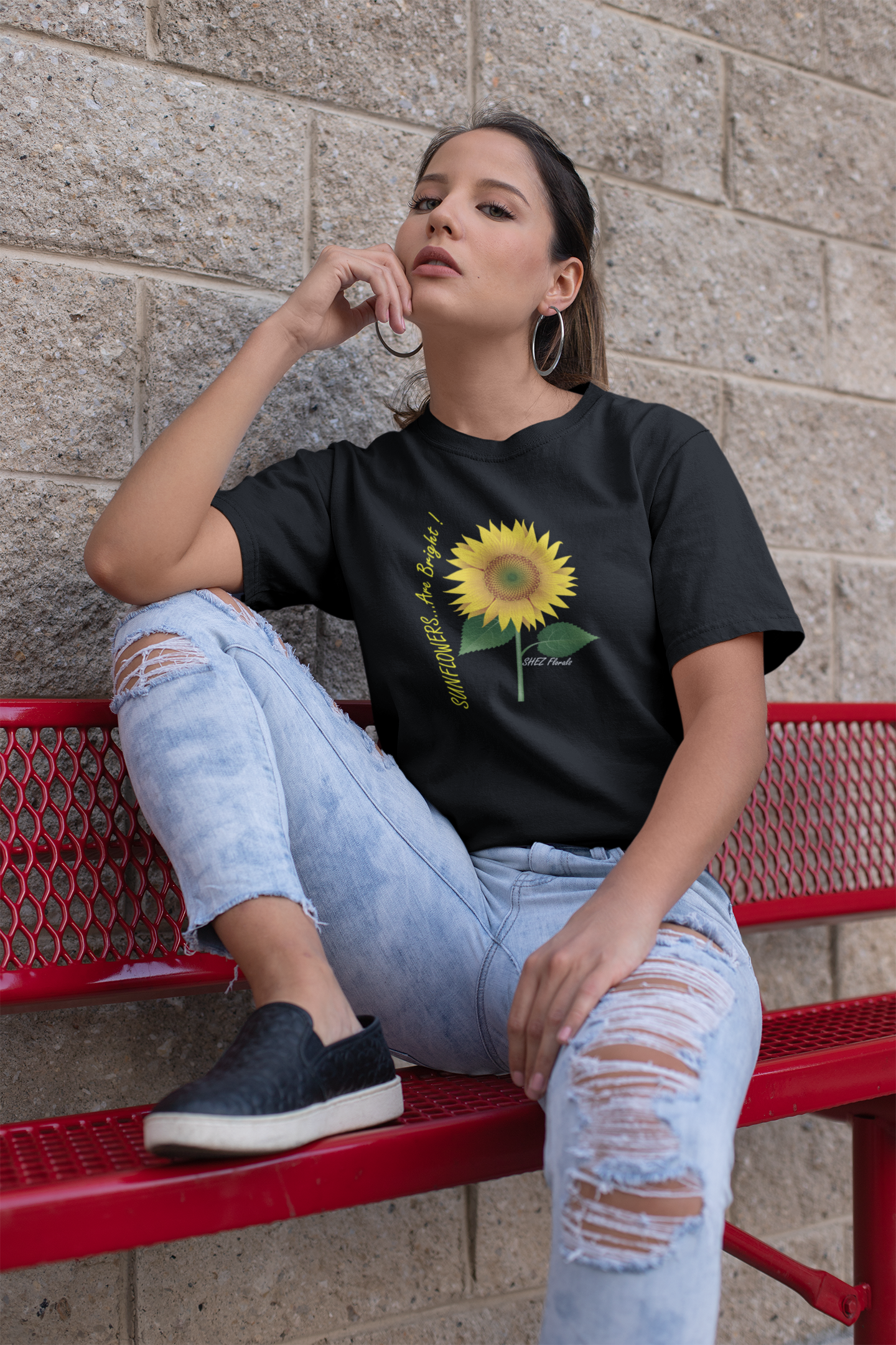 Shez Florals, Sunflower Black Printed Oversized T Shirt Women, S,M,L,XL,2XL,3XL,4XL,5XL, Model Sitting View