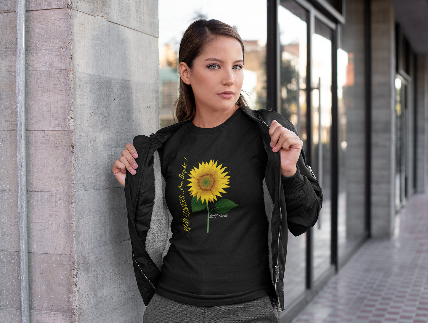 Shez Florals, Sunflower Black Printed Oversized T Shirt Women, S,M,L,XL,2XL,3XL,4XL,5XL, Model thinking View