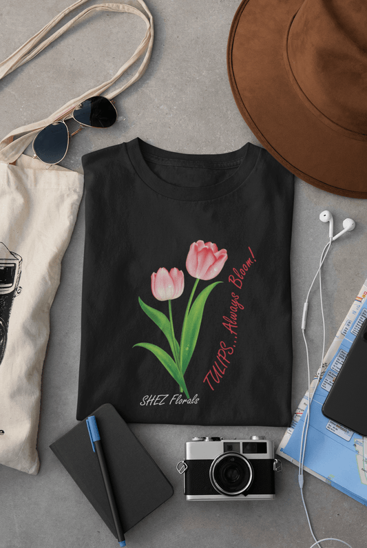 Shez Florals, Pink Tulips, Oversized T shirt Women, S,M,L,XL,2XL,3XL,4XL,5XL, T Shirt Folded View