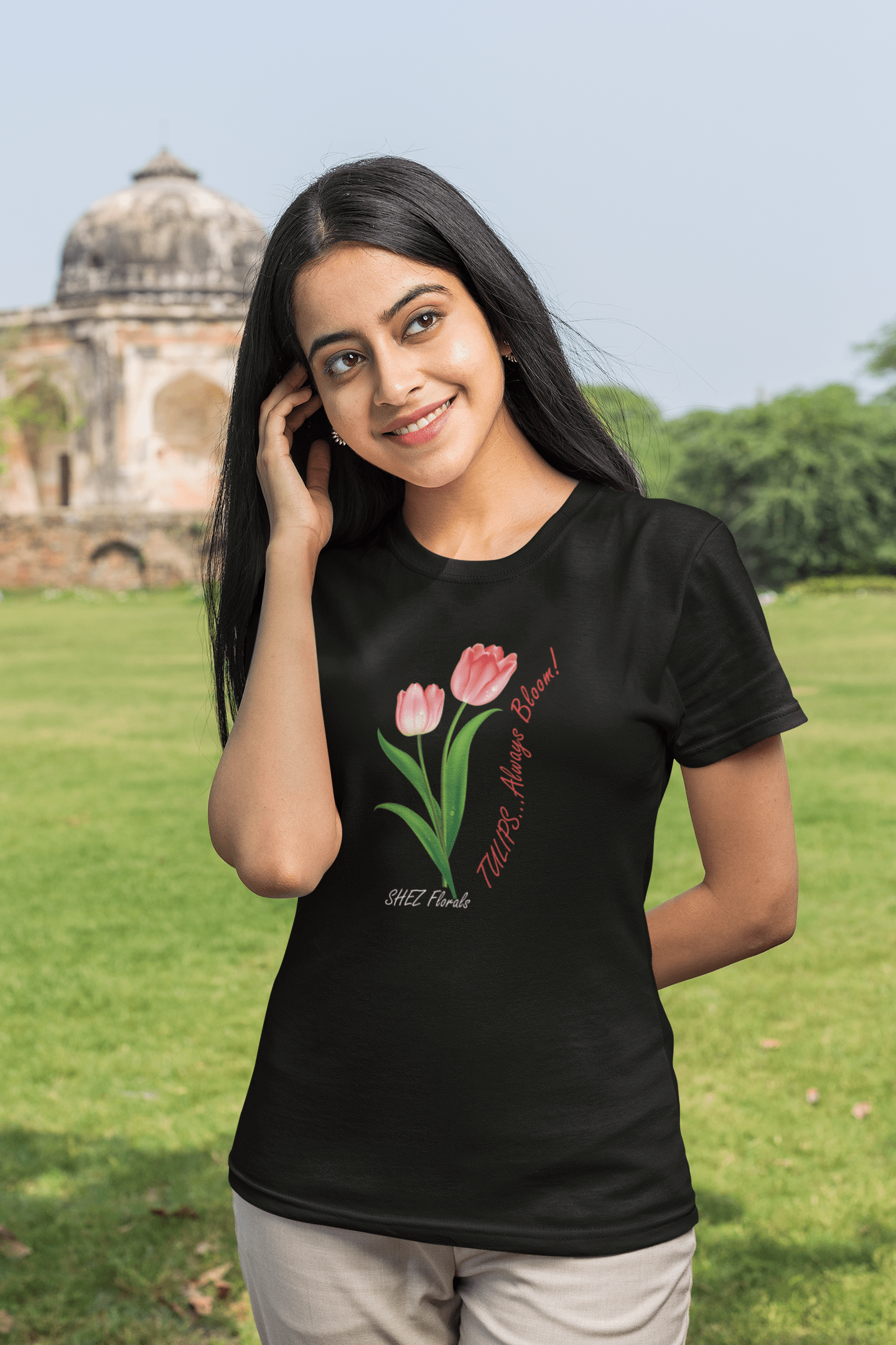 Shez Florals, Pink Tulips, Oversized T shirt Women, S,M,L,XL,2XL,3XL,4XL,5XL, Model smiling View