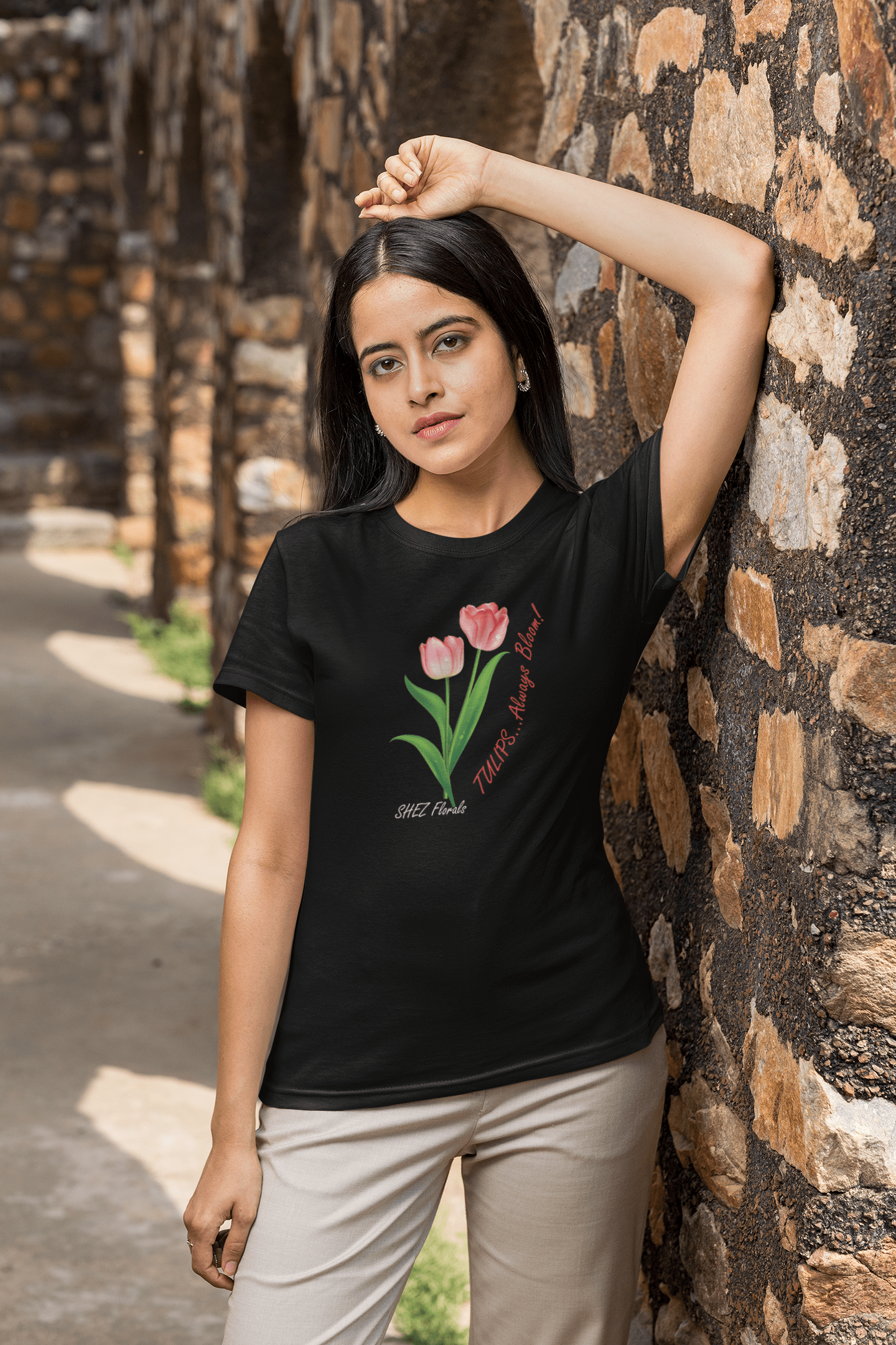 Shez Florals, Pink Tulips, Oversized T shirt Women, S,M,L,XL,2XL,3XL,4XL,5XL, Model posing View