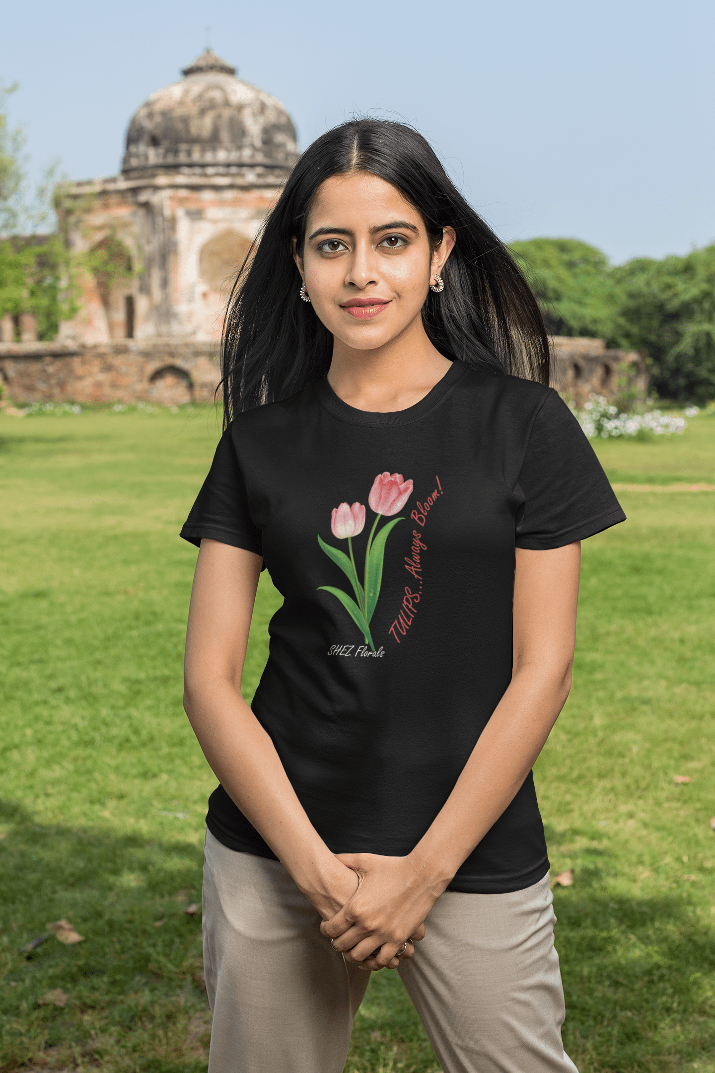 Shez Florals, Pink Tulips, Oversized T shirt Women, S,M,L,XL,2XL,3XL,4XL,5XL, Model Front smiling View