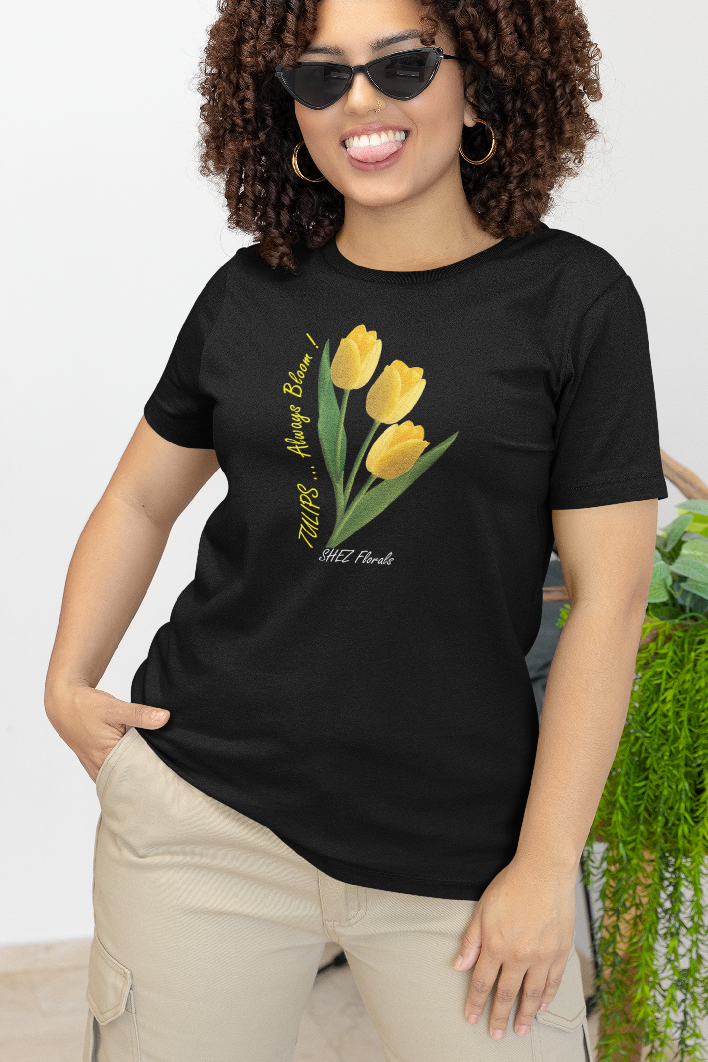 Shez Florals Yellow Tulips Black Oversized women Tshirts & Women Tops, Size : S , M, L, XL, 2XL, 3XL, 4XL, 5XL, Naugghty Model  View 