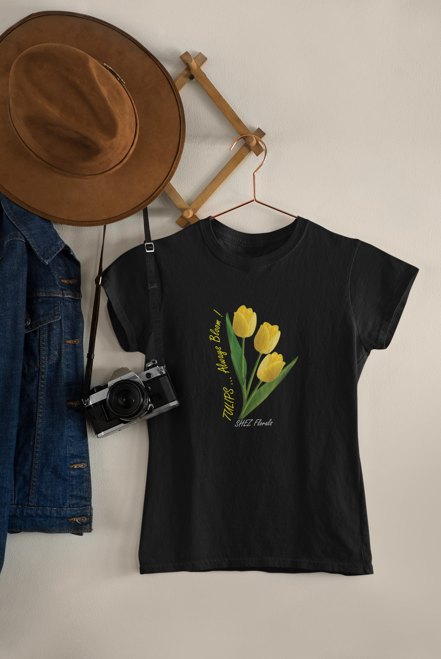 Shez Florals Yellow Tulips Black Oversized women Tshirts & Women Tops, Size : S , M, L, XL, 2XL, 3XL, 4XL, 5XL, Hanger and accessories View 