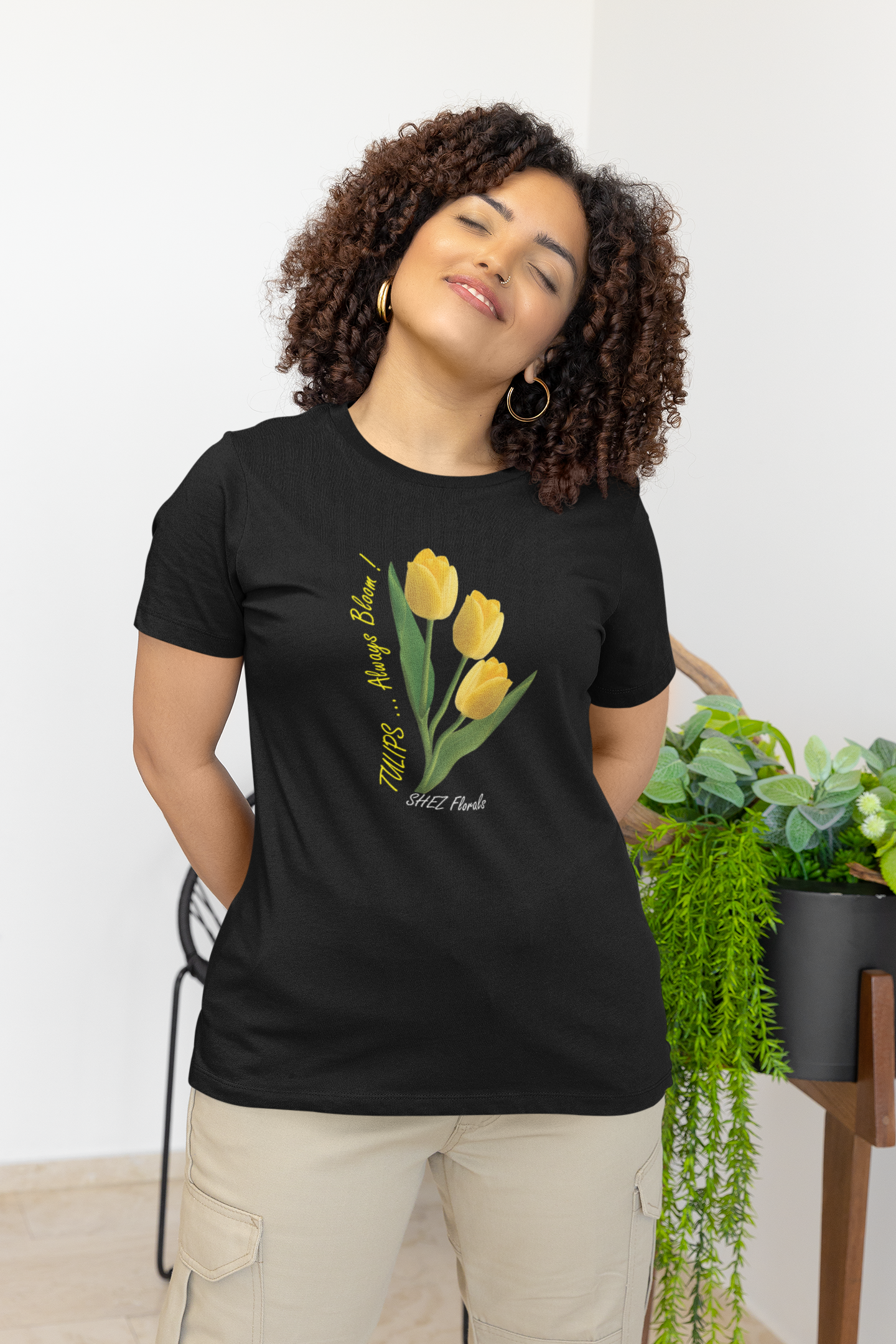 Shez Florals Yellow Tulips Black Oversized women Tshirts & Women Tops, Size : S , M, L, XL, 2XL, 3XL, 4XL, 5XL, Model  Standing  View 